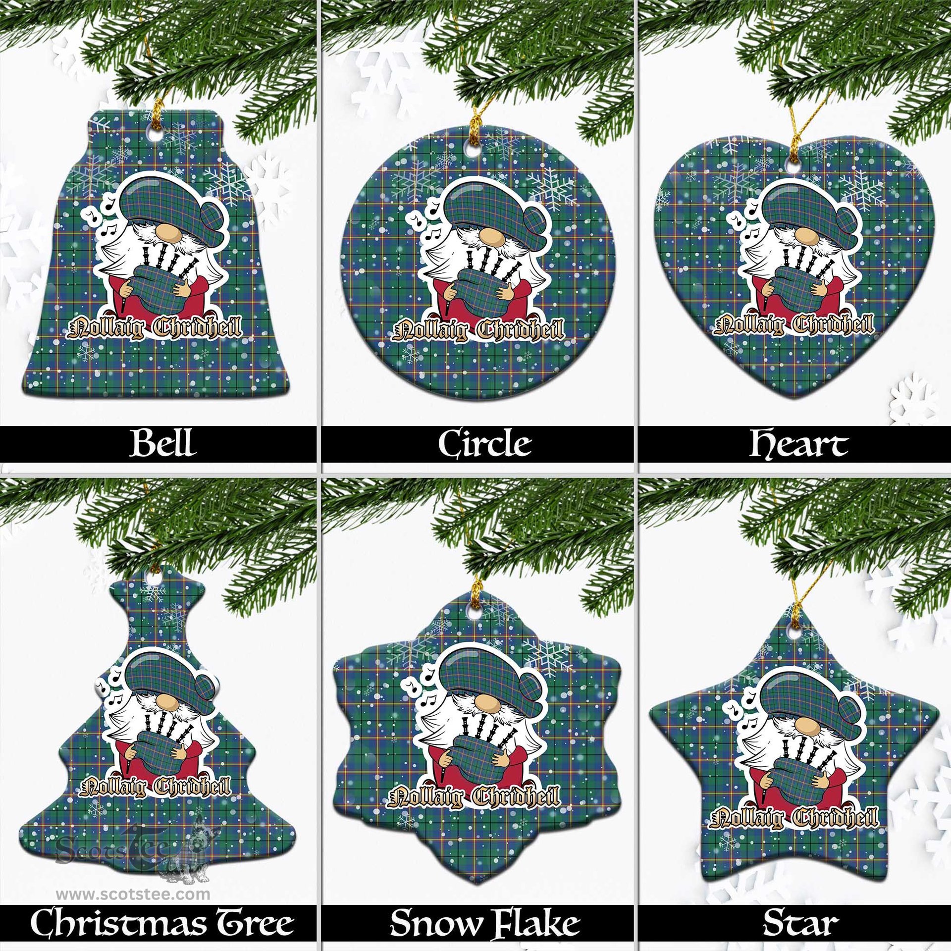 Scottish Carmichael Ancient Tartan Christmas Ornaments with Scottish Gnome Playing Bagpipes Scottish Plaid Tartan Plaid - ScotsTee - scotstee.com