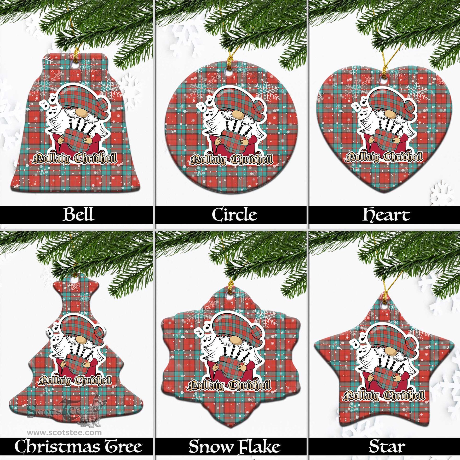 Scottish Dunbar Ancient Tartan Christmas Ornaments with Scottish Gnome Playing Bagpipes Scottish Plaid Tartan Plaid - ScotsTee - scotstee.com