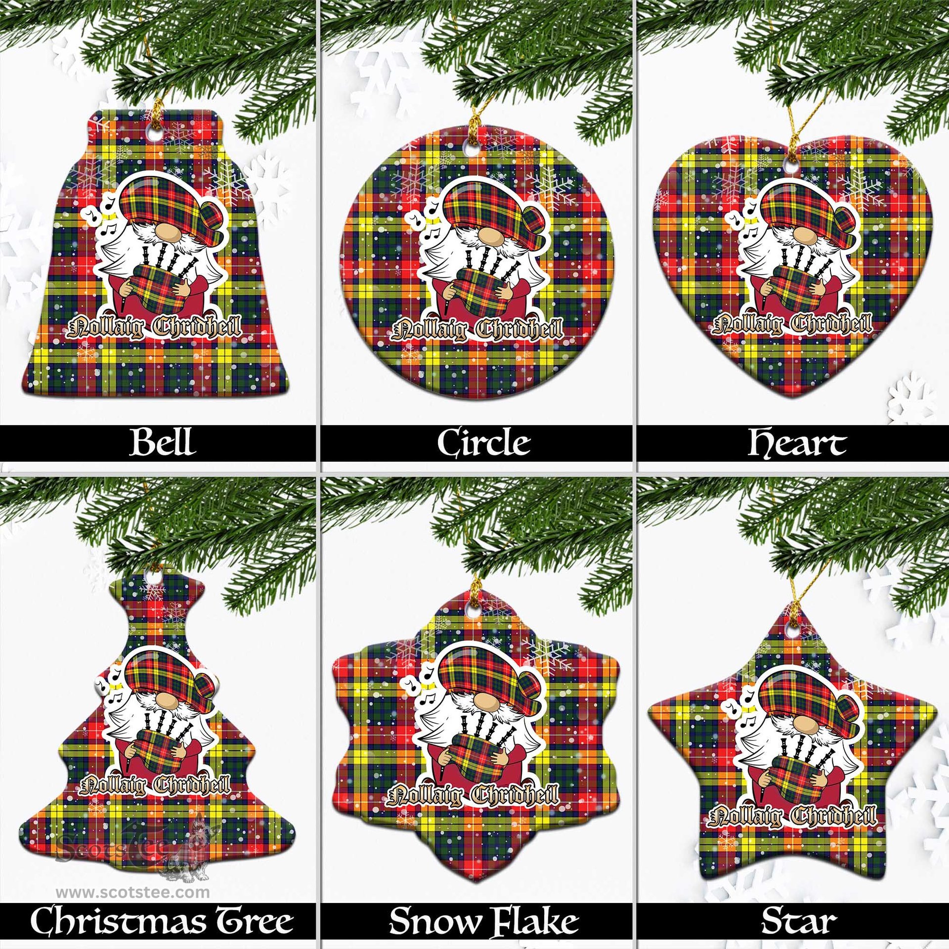 Scottish Dewar Tartan Christmas Ornaments with Scottish Gnome Playing Bagpipes Scottish Plaid Tartan Plaid - ScotsTee - scotstee.com