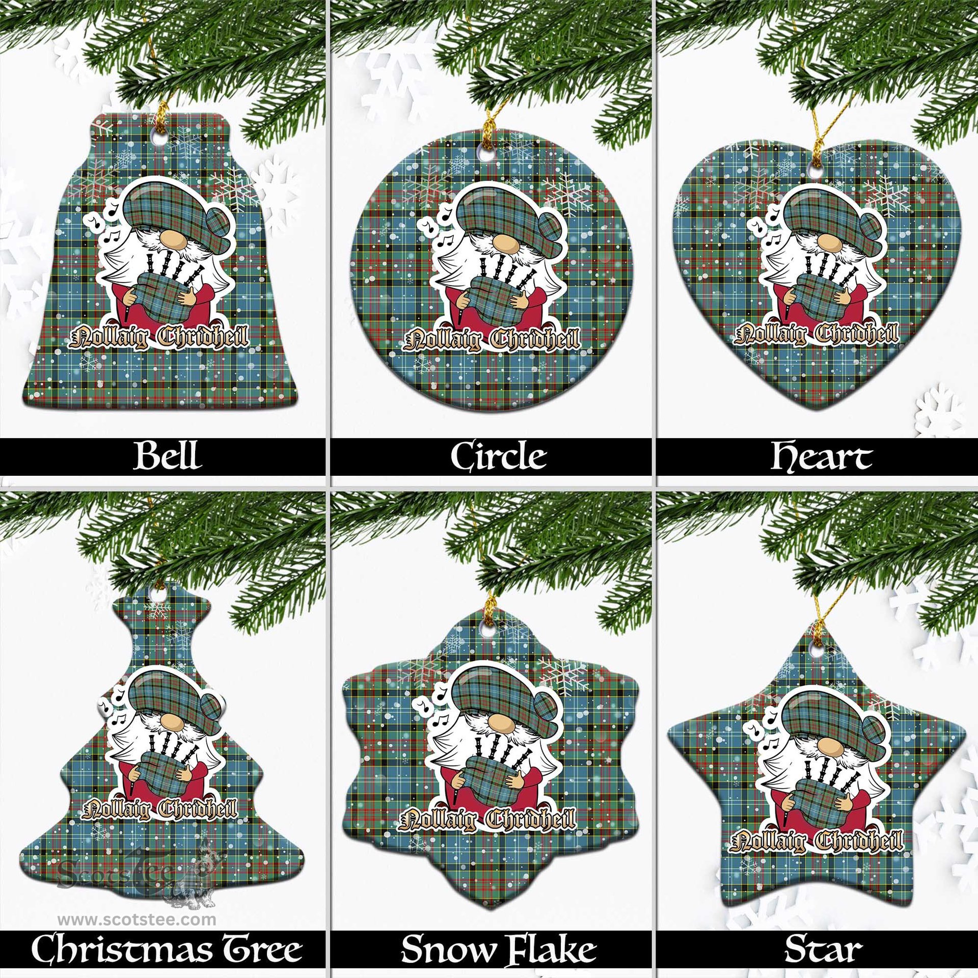 Scottish Cathcart Tartan Christmas Ornaments with Scottish Gnome Playing Bagpipes Scottish Plaid Tartan Plaid - ScotsTee - scotstee.com