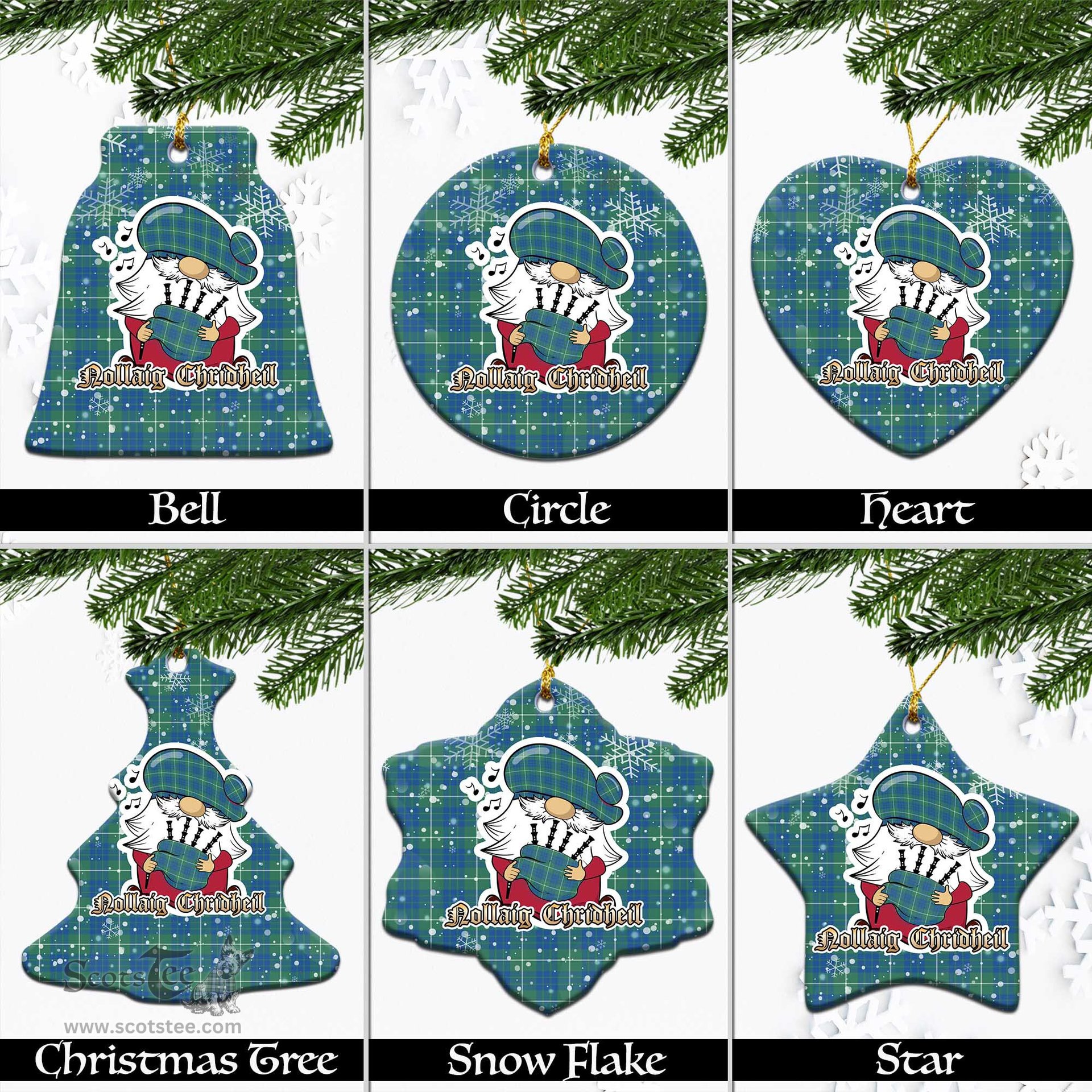 Scottish Hamilton Hunting Ancient Tartan Christmas Ornaments with Scottish Gnome Playing Bagpipes Scottish Plaid Tartan Plaid - ScotsTee - scotstee.com