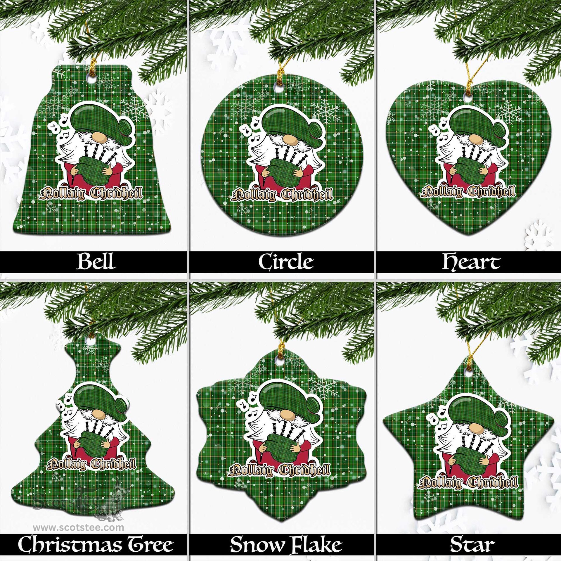 Scottish Forrester or Foster Hunting Tartan Christmas Ornaments with Scottish Gnome Playing Bagpipes Scottish Plaid Tartan Plaid - ScotsTee - scotstee.com