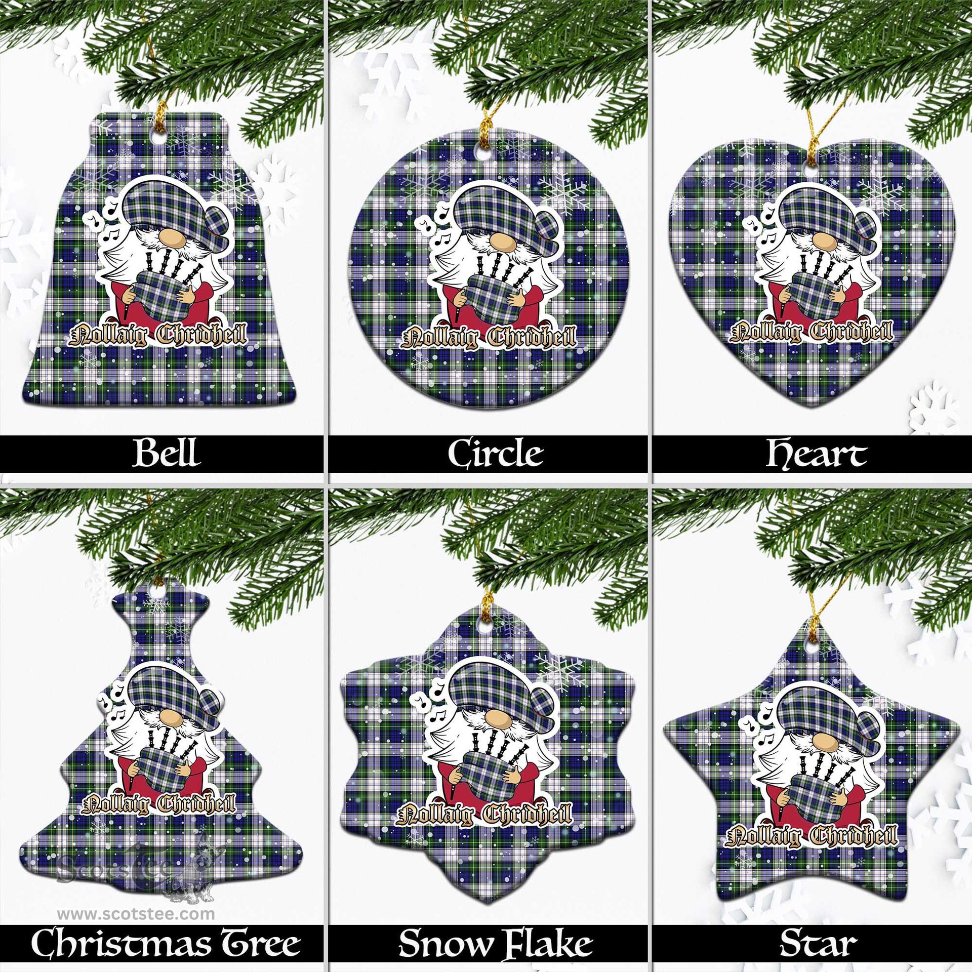Scottish Gordon Dress Modern Tartan Christmas Ornaments with Scottish Gnome Playing Bagpipes Scottish Plaid Tartan Plaid - ScotsTee - scotstee.com