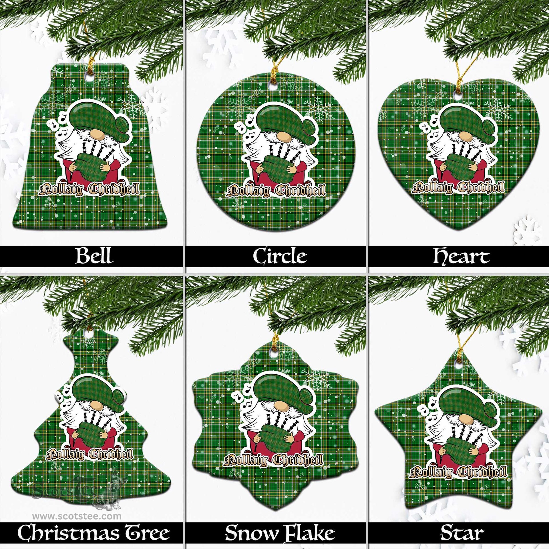 Scottish Ireland National Tartan Christmas Ornaments with Scottish Gnome Playing Bagpipes Scottish Plaid Tartan Plaid - ScotsTee - scotstee.com