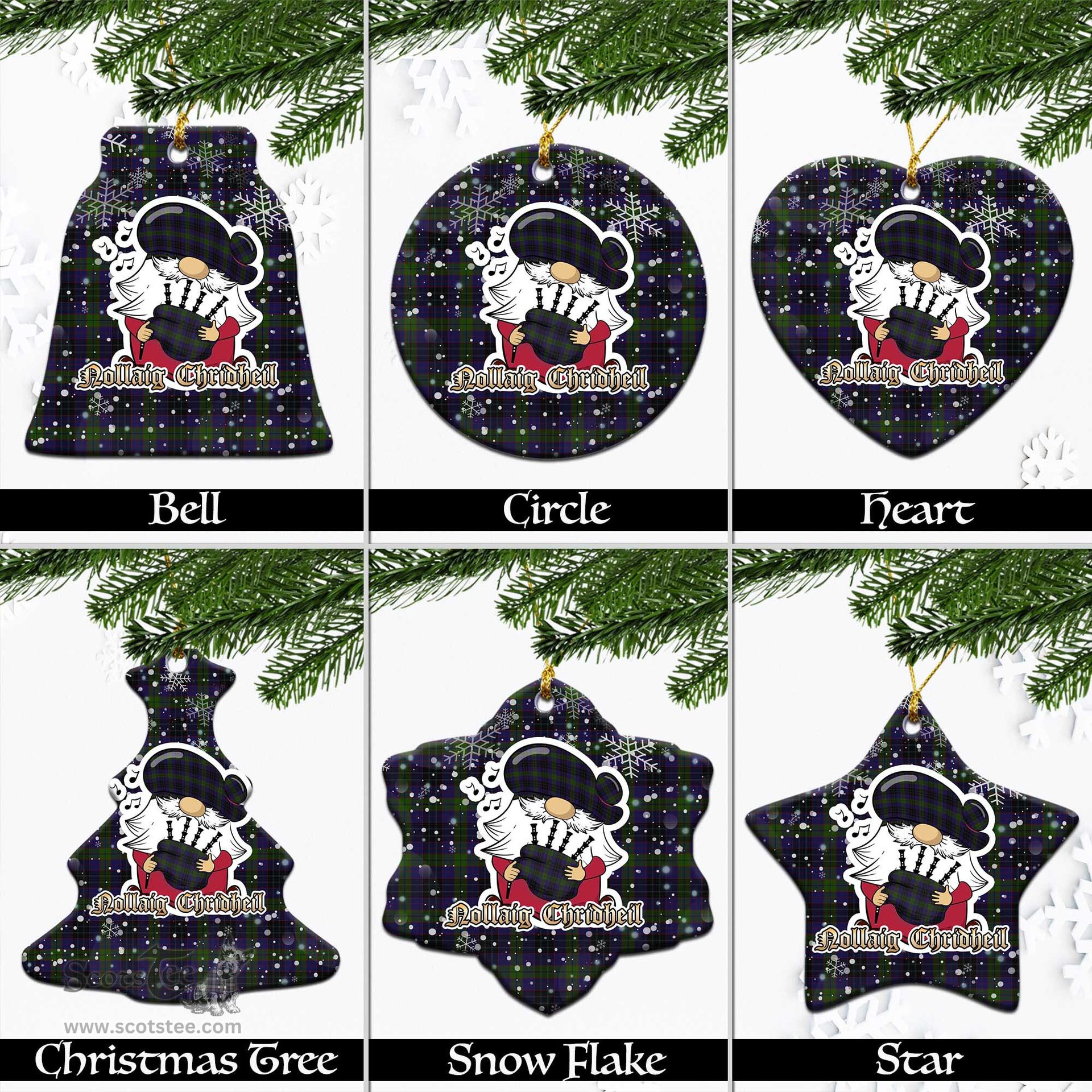 Scottish Lumsden Hunting Tartan Christmas Ornaments with Scottish Gnome Playing Bagpipes Scottish Plaid Tartan Plaid - ScotsTee - scotstee.com