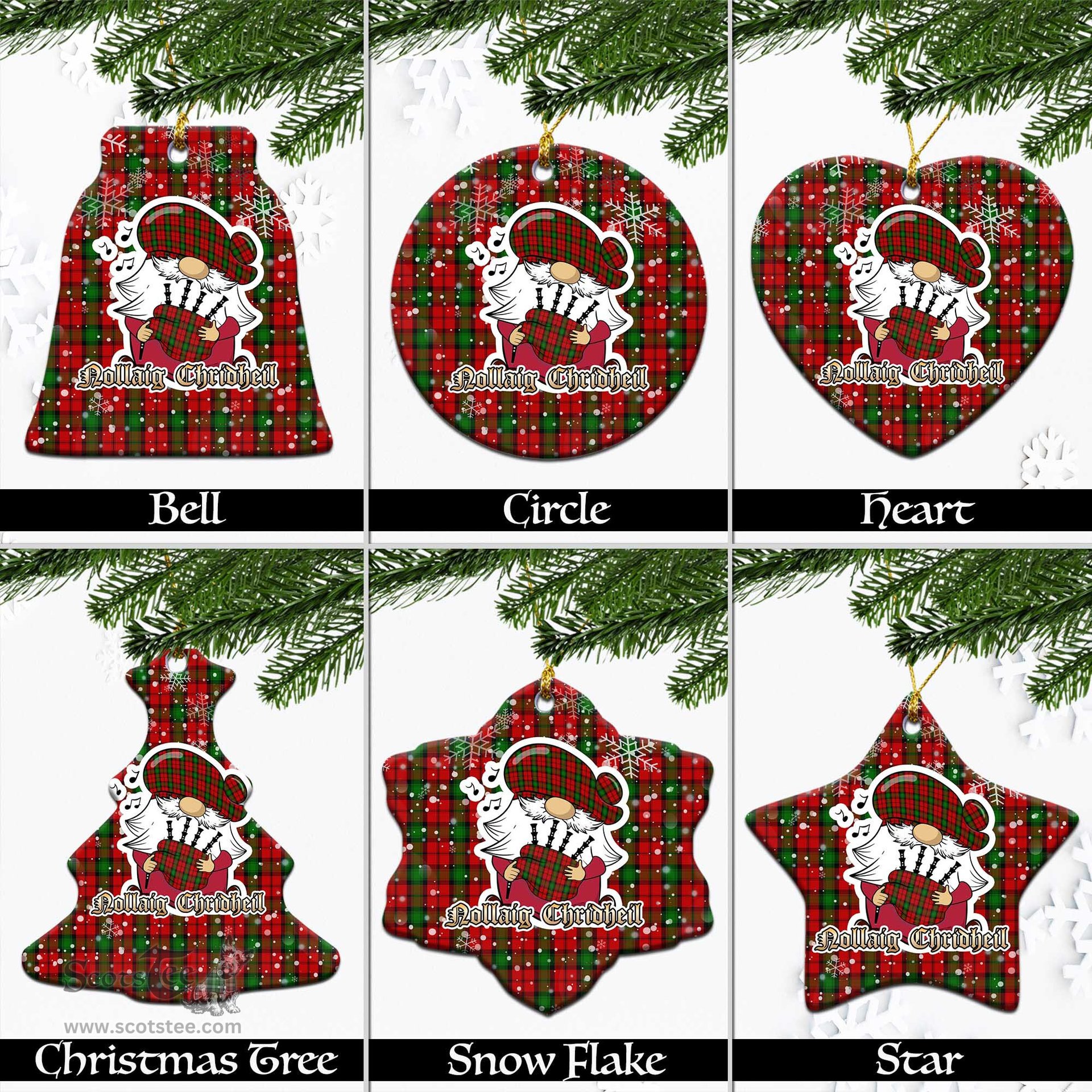 Scottish Kerr Tartan Christmas Ornaments with Scottish Gnome Playing Bagpipes Scottish Plaid Tartan Plaid - ScotsTee - scotstee.com