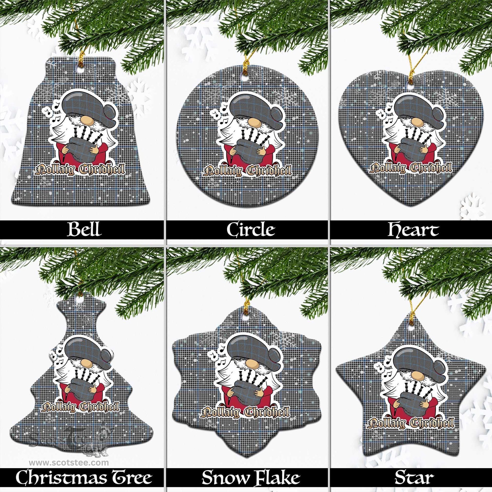 Scottish Gladstone Tartan Christmas Ornaments with Scottish Gnome Playing Bagpipes Scottish Plaid Tartan Plaid - ScotsTee - scotstee.com