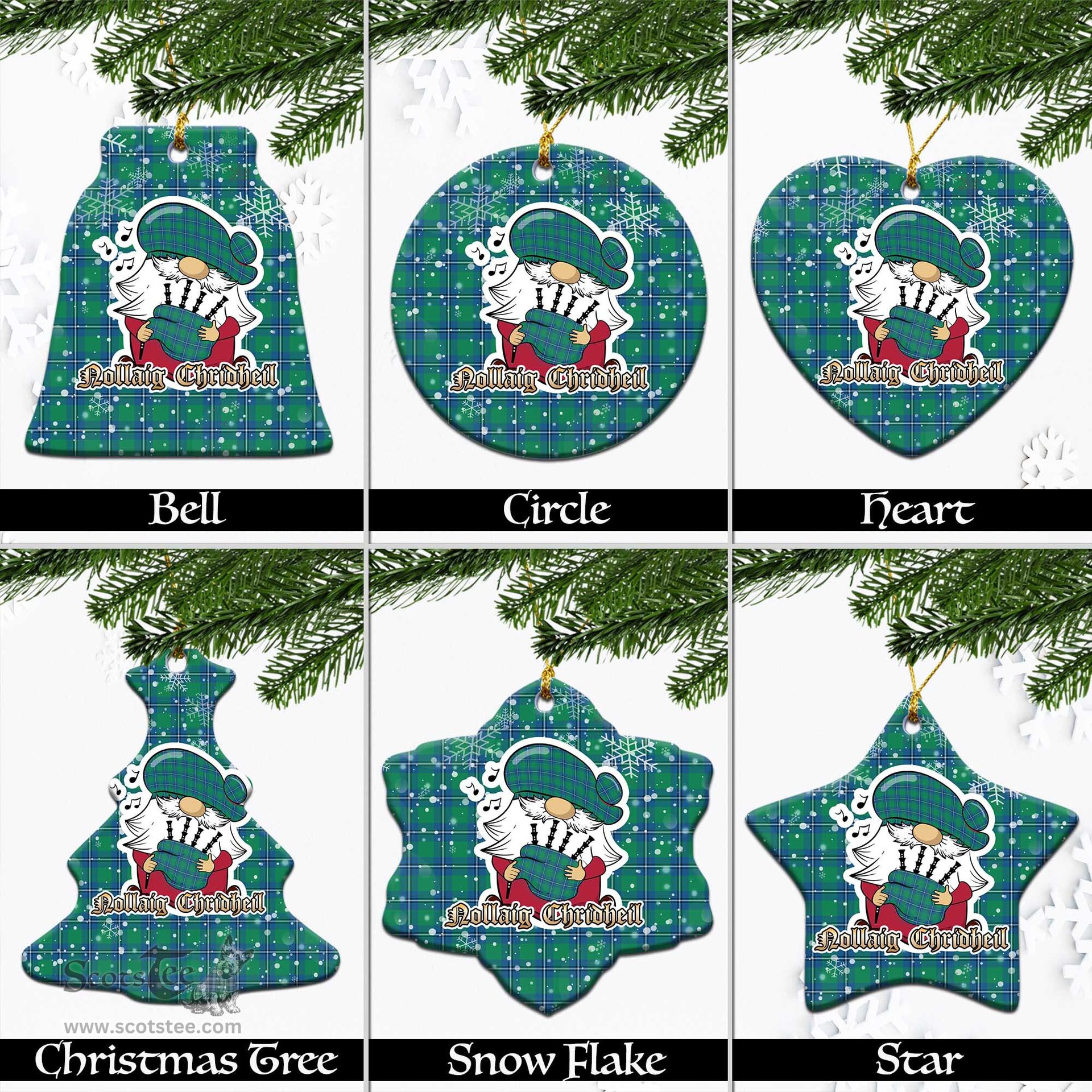 Scottish Irvine Ancient Tartan Christmas Ornaments with Scottish Gnome Playing Bagpipes Scottish Plaid Tartan Plaid - ScotsTee - scotstee.com