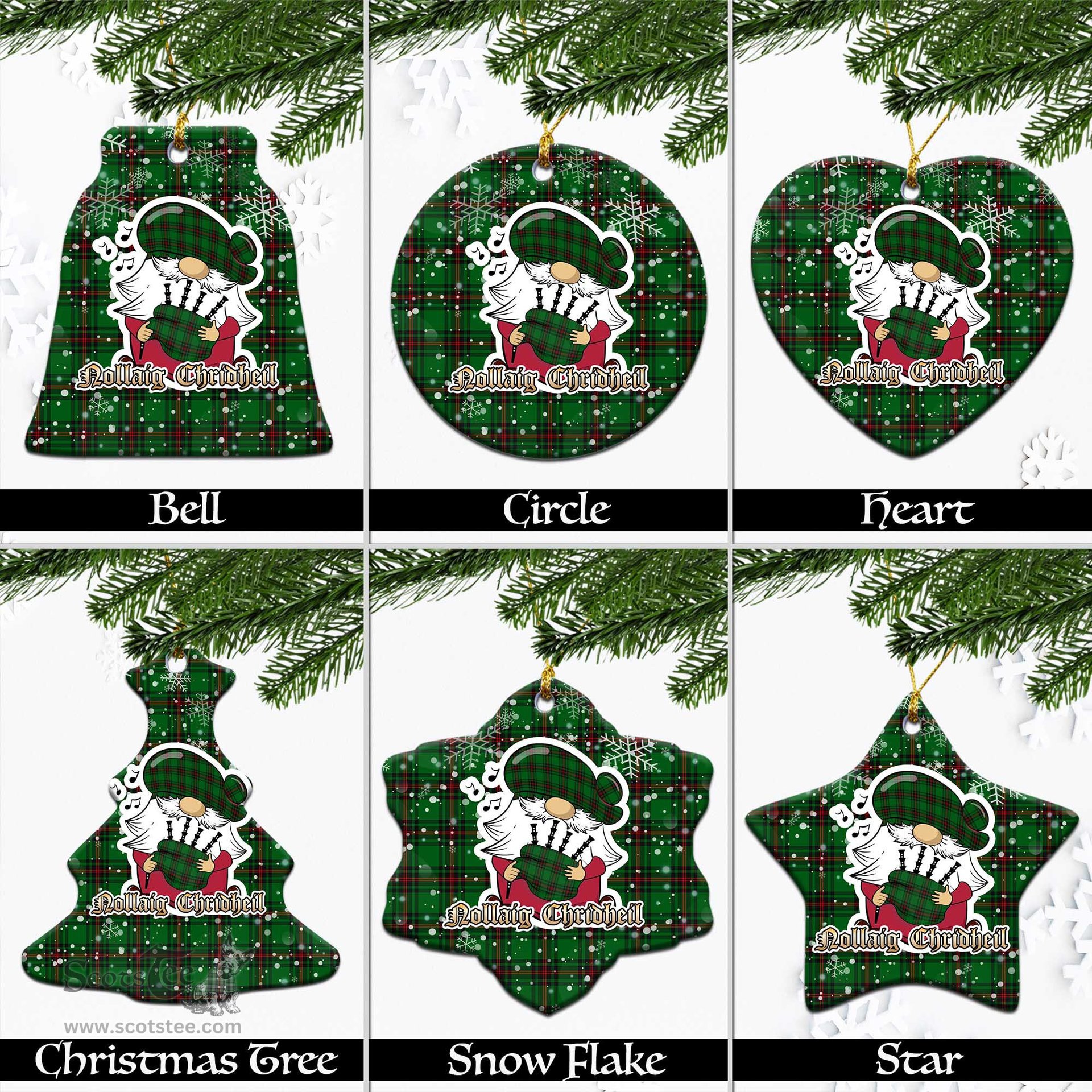 Scottish Kinloch Tartan Christmas Ornaments with Scottish Gnome Playing Bagpipes Scottish Plaid Tartan Plaid - ScotsTee - scotstee.com