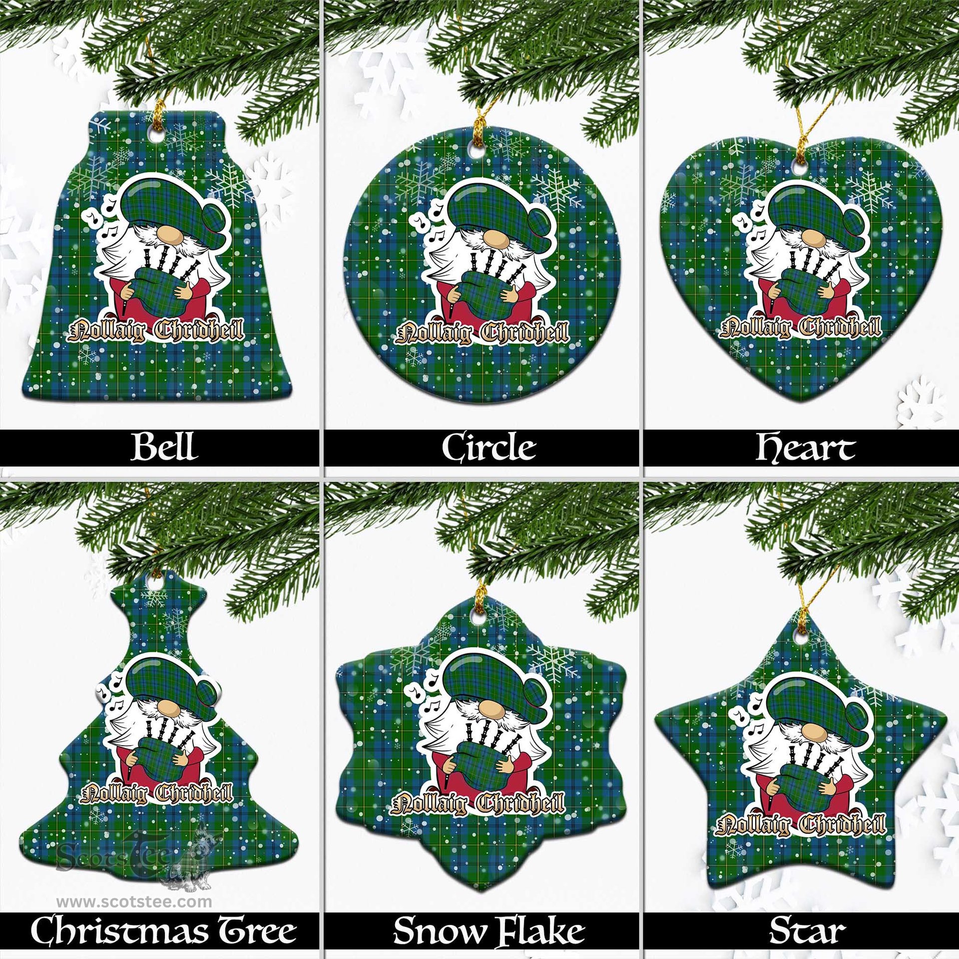 Scottish Johnstone-Johnston Tartan Christmas Ornaments with Scottish Gnome Playing Bagpipes Scottish Plaid Tartan Plaid - ScotsTee - scotstee.com