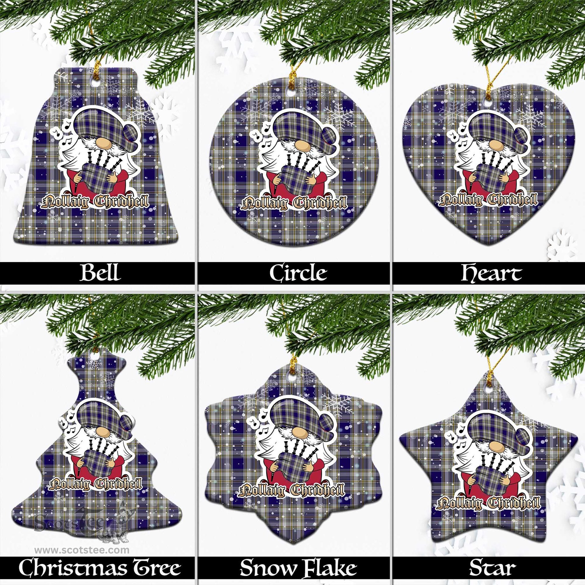 Scottish Livingston Dress Tartan Christmas Ornaments with Scottish Gnome Playing Bagpipes Scottish Plaid Tartan Plaid - ScotsTee - scotstee.com