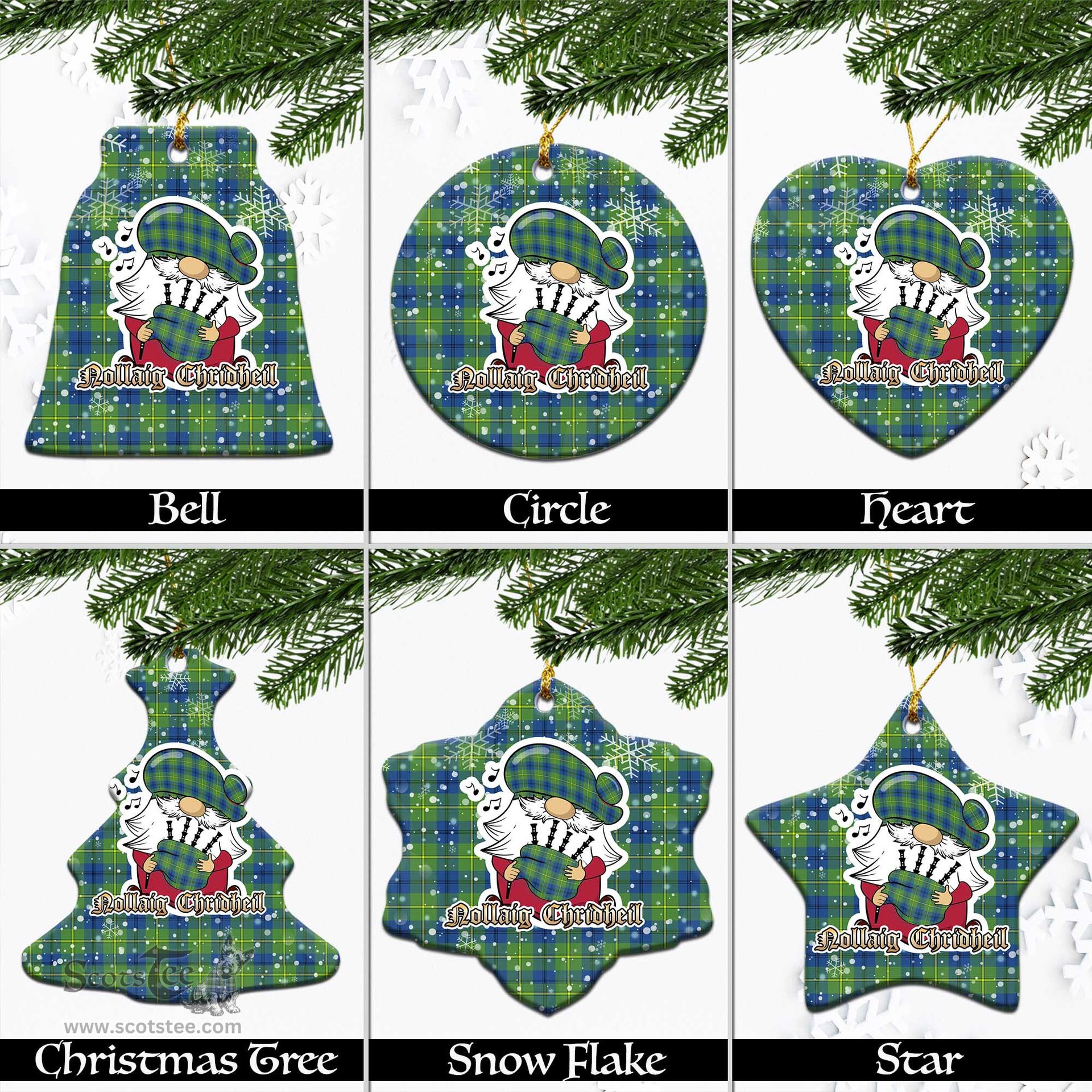 Scottish Johnstone-Johnston Ancient Tartan Christmas Ornaments with Scottish Gnome Playing Bagpipes Scottish Plaid Tartan Plaid - ScotsTee - scotstee.com