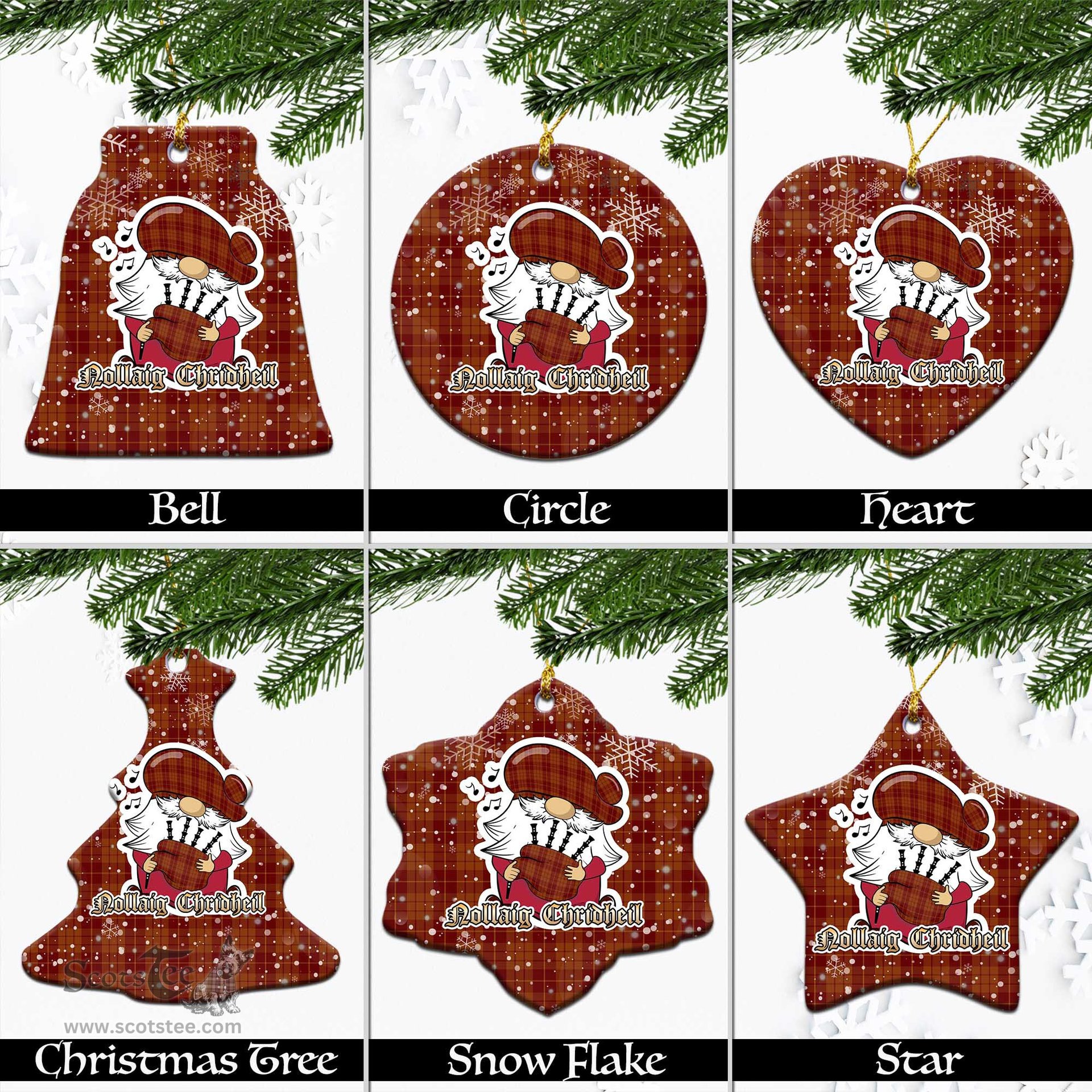 Scottish Hamilton Red Tartan Christmas Ornaments with Scottish Gnome Playing Bagpipes Scottish Plaid Tartan Plaid - ScotsTee - scotstee.com