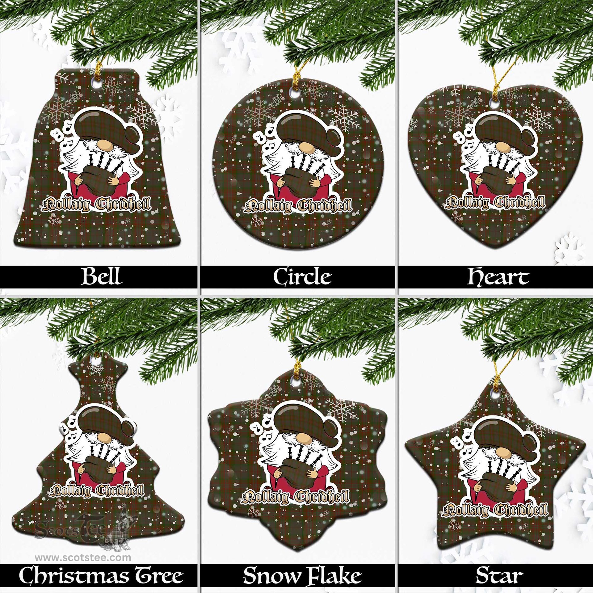 Scottish Gray Tartan Christmas Ornaments with Scottish Gnome Playing Bagpipes Scottish Plaid Tartan Plaid - ScotsTee - scotstee.com