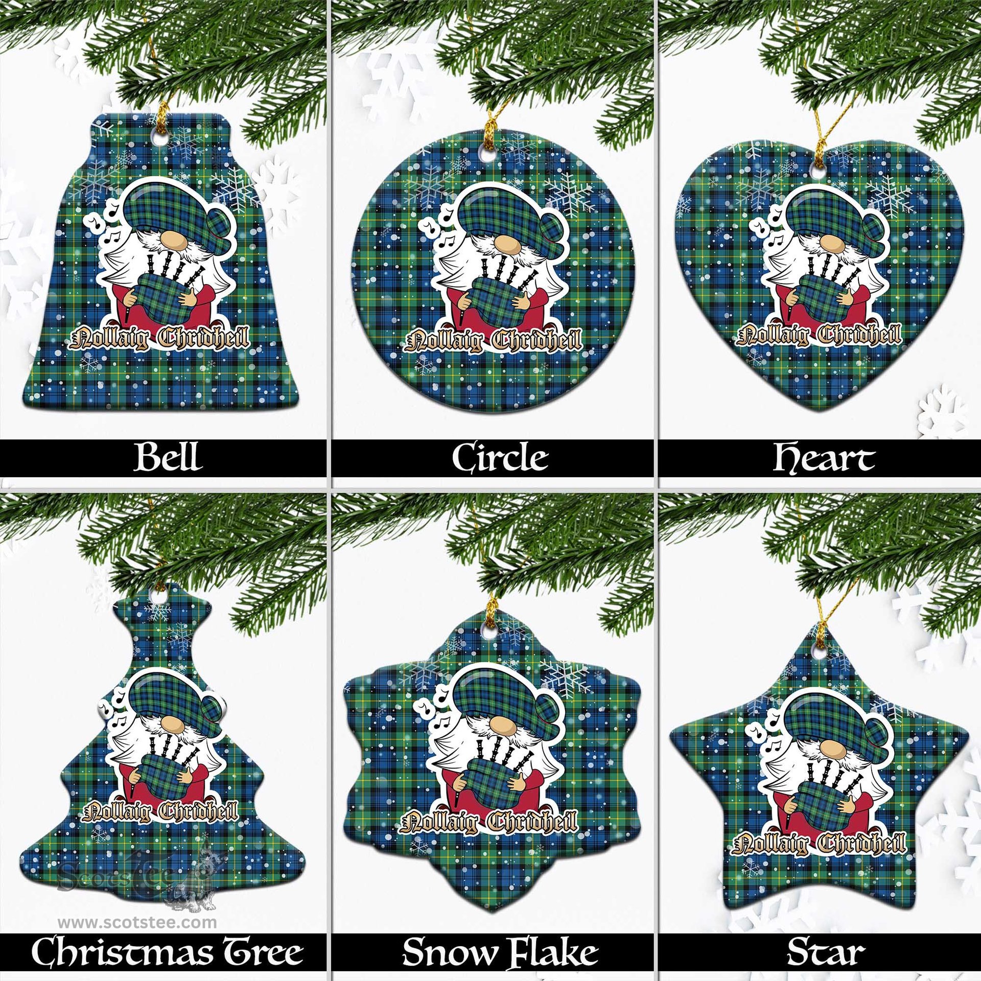 Scottish Gordon Ancient Tartan Christmas Ornaments with Scottish Gnome Playing Bagpipes Scottish Plaid Tartan Plaid - ScotsTee - scotstee.com
