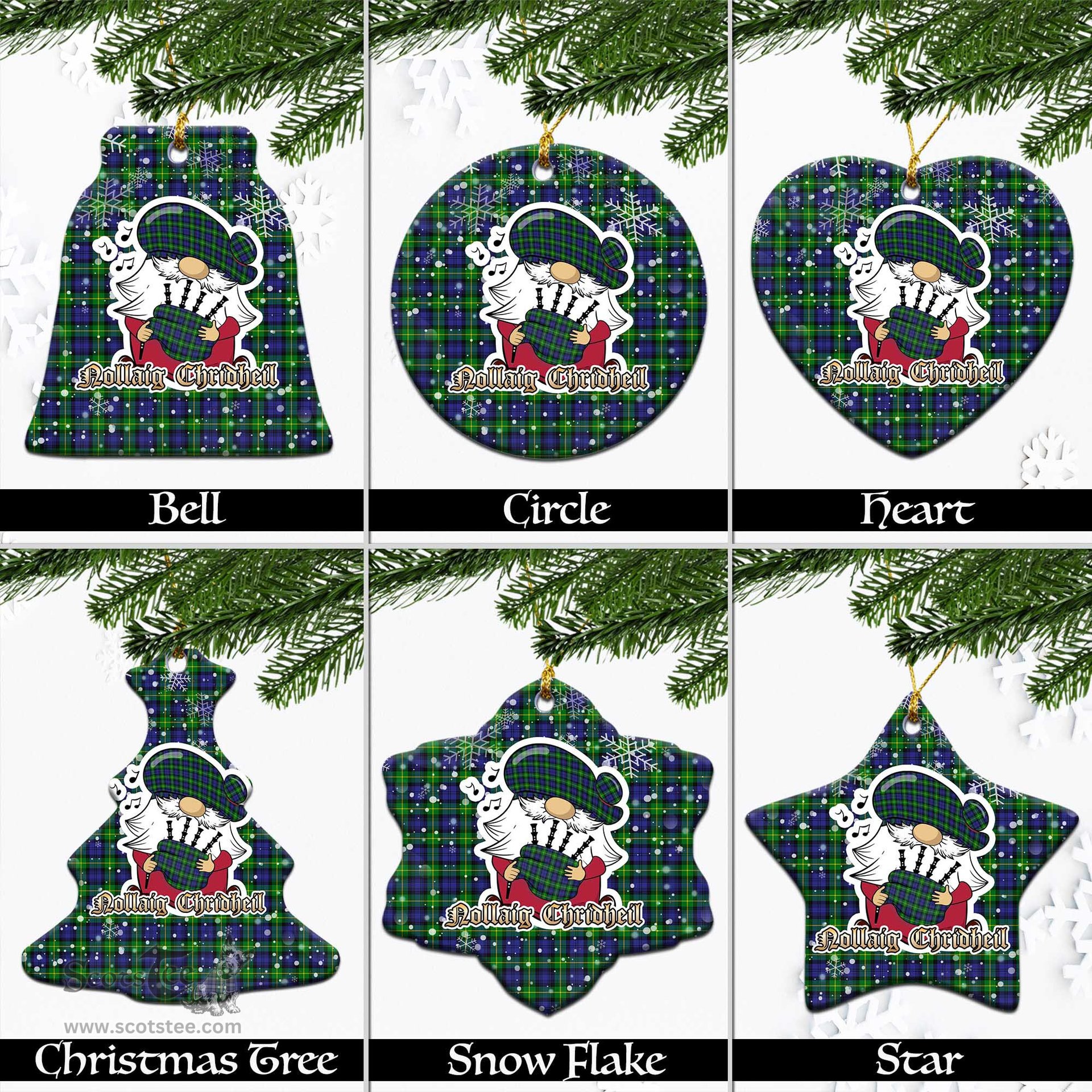 Scottish Gordon Modern Tartan Christmas Ornaments with Scottish Gnome Playing Bagpipes Scottish Plaid Tartan Plaid - ScotsTee - scotstee.com
