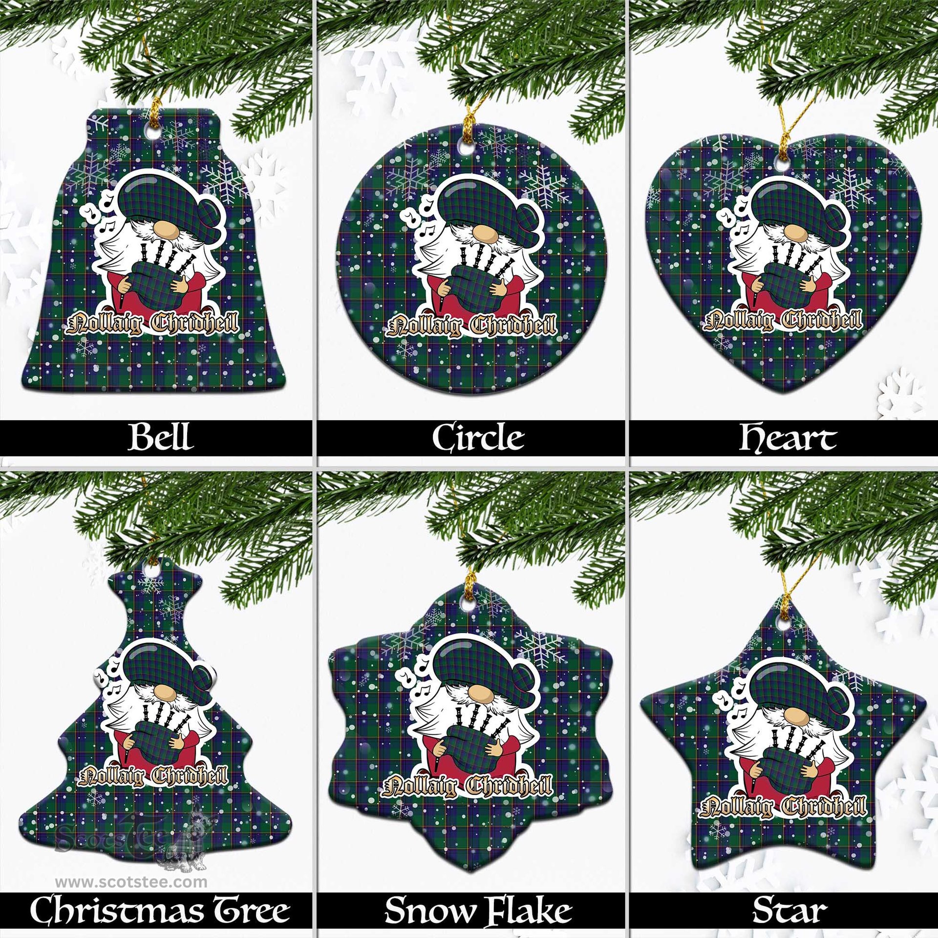 Scottish Lowry Tartan Christmas Ornaments with Scottish Gnome Playing Bagpipes Scottish Plaid Tartan Plaid - ScotsTee - scotstee.com