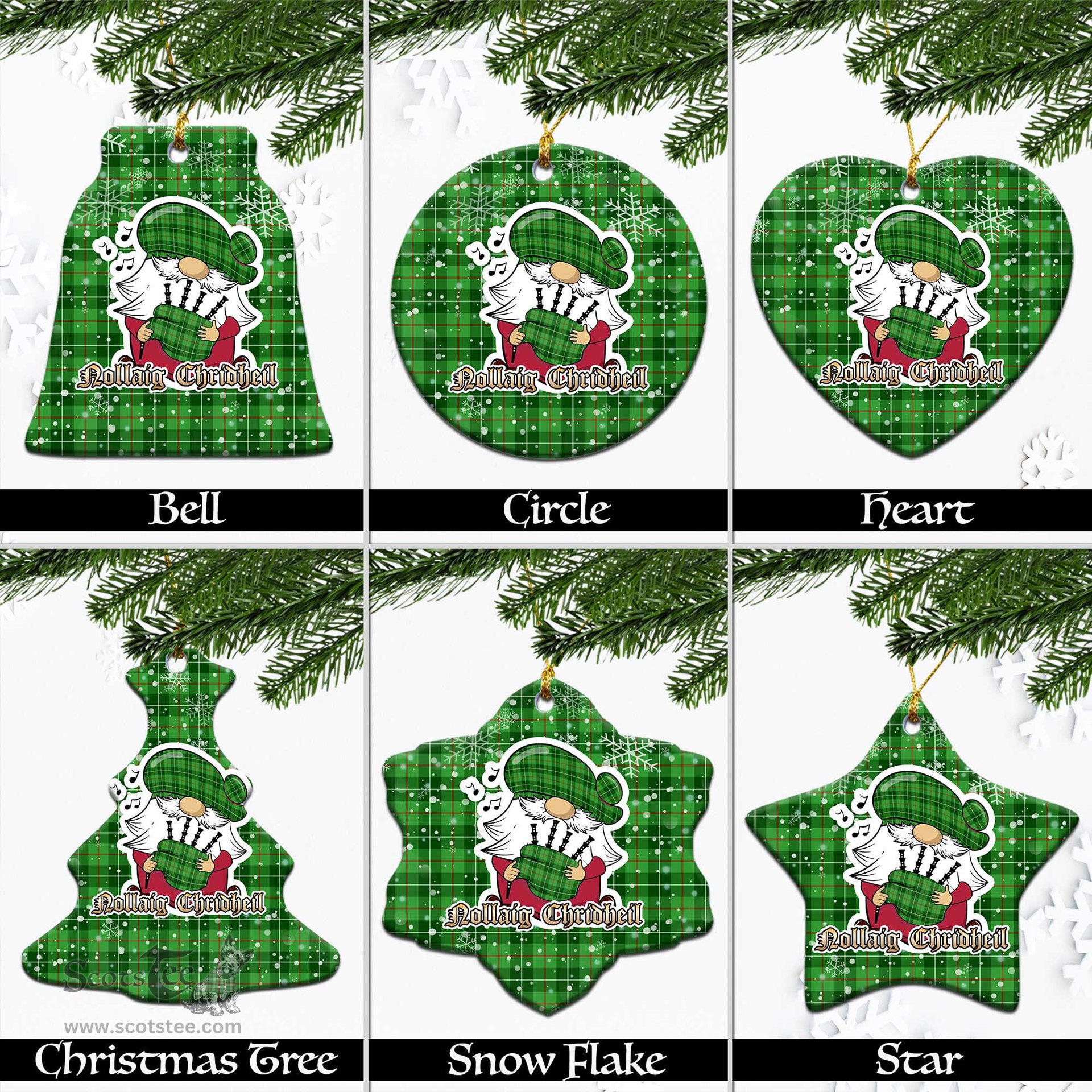 Scottish Galloway Tartan Christmas Ornaments with Scottish Gnome Playing Bagpipes Scottish Plaid Tartan Plaid - ScotsTee - scotstee.com