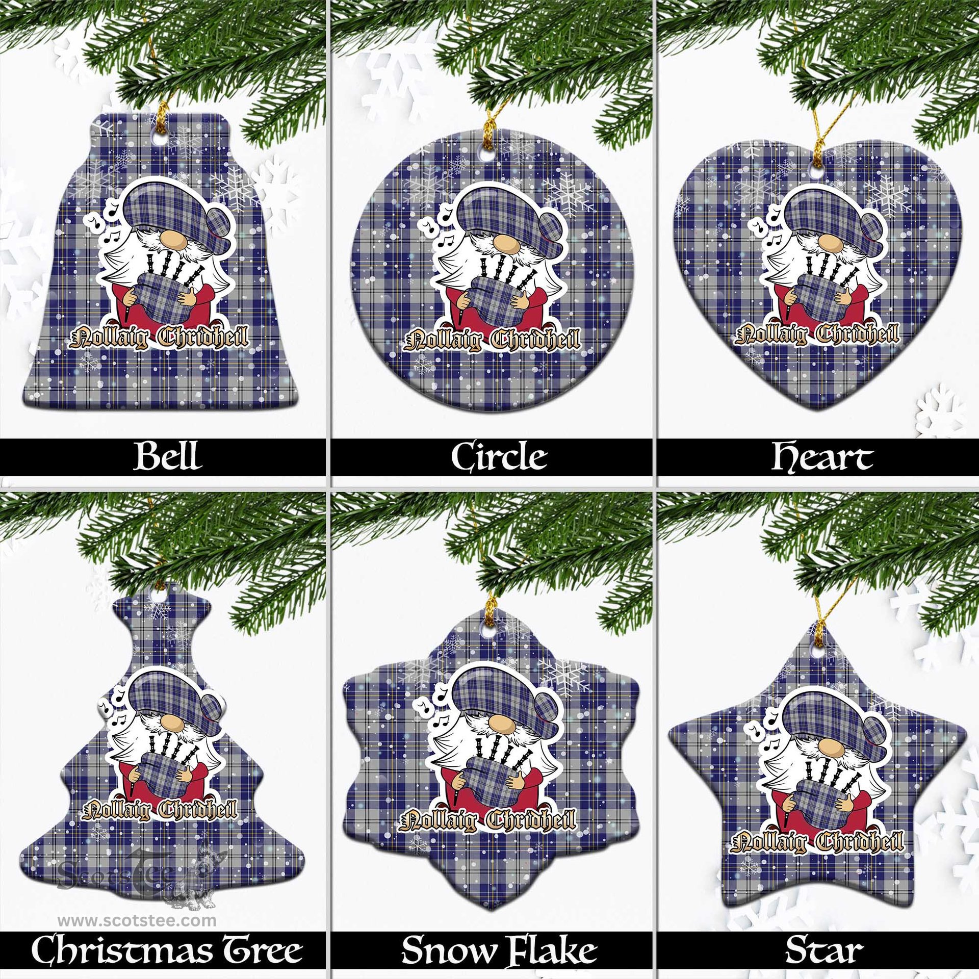 Scottish MacPherson Dress Blue Tartan Christmas Ornaments with Scottish Gnome Playing Bagpipes Scottish Plaid Tartan Plaid - ScotsTee - scotstee.com