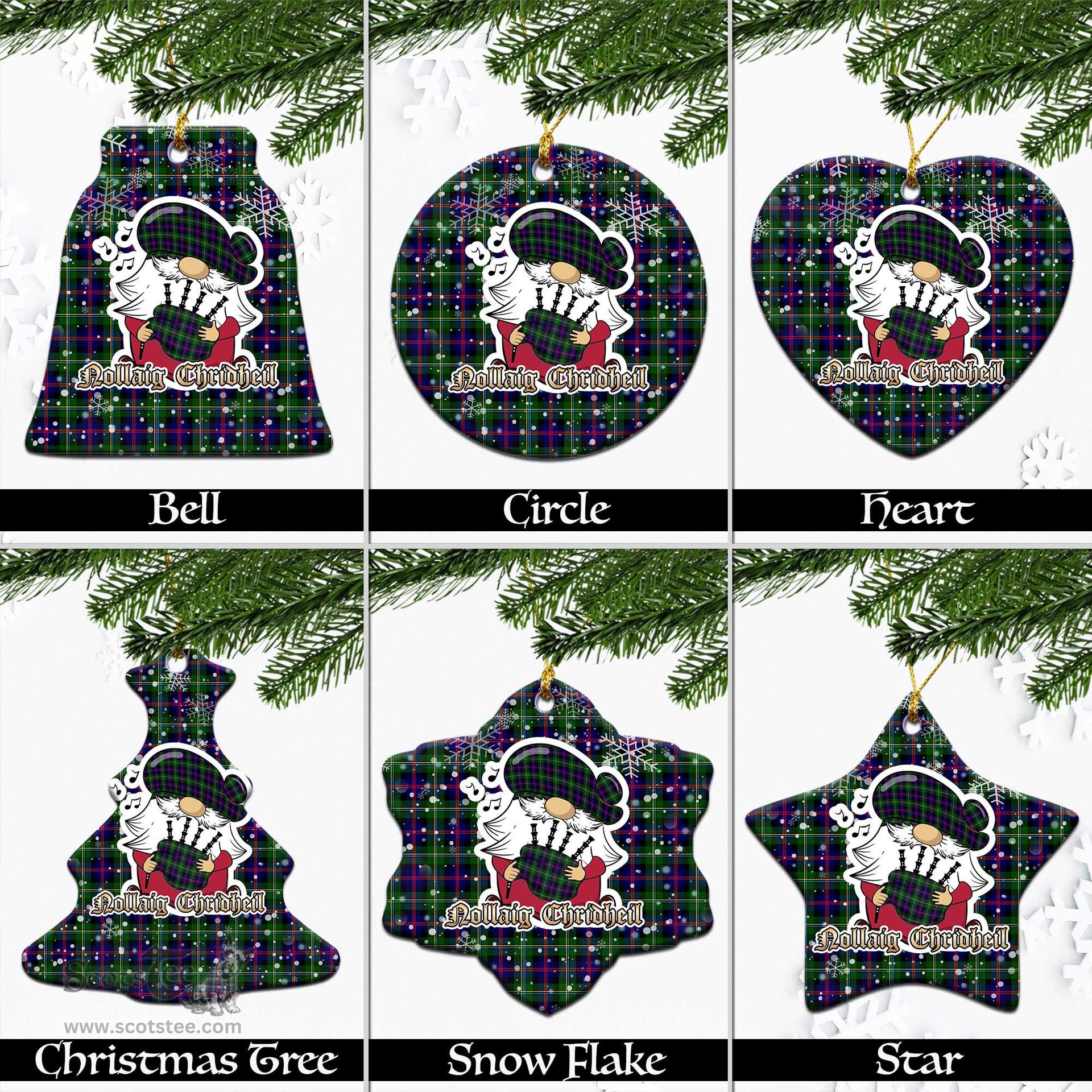 Scottish Malcolm Tartan Christmas Ornaments with Scottish Gnome Playing Bagpipes Scottish Plaid Tartan Plaid - ScotsTee - scotstee.com