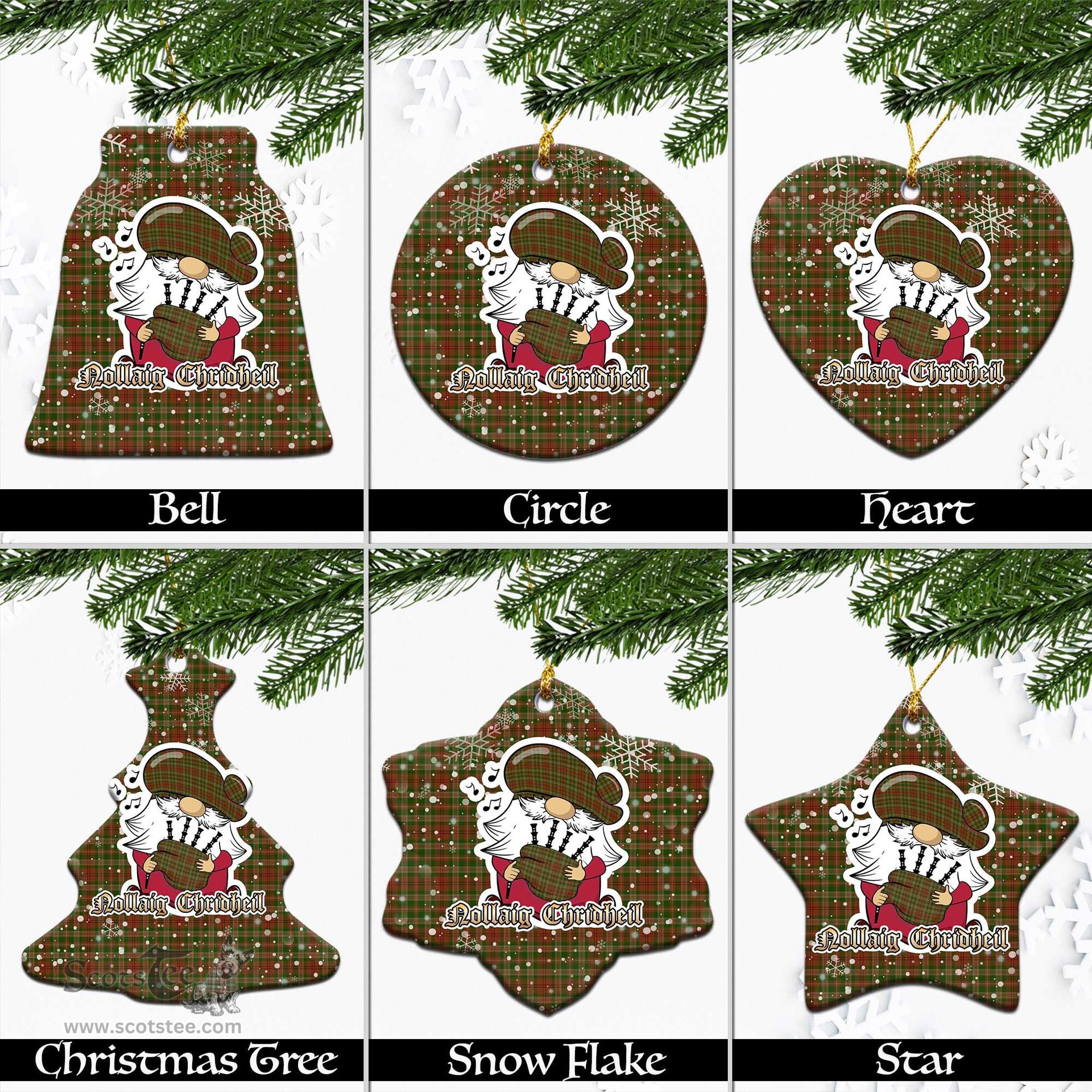Scottish Pierce Tartan Christmas Ornaments with Scottish Gnome Playing Bagpipes Scottish Plaid Tartan Plaid - ScotsTee - scotstee.com