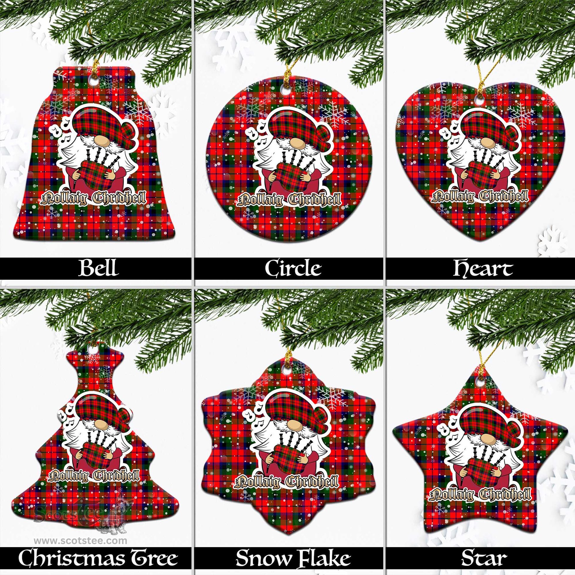 Scottish MacNaughton Modern Tartan Christmas Ornaments with Scottish Gnome Playing Bagpipes Scottish Plaid Tartan Plaid - ScotsTee - scotstee.com