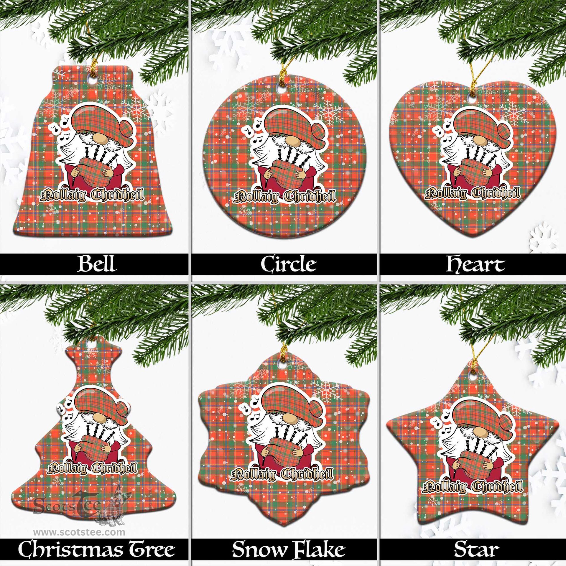 Scottish Munro Ancient Tartan Christmas Ornaments with Scottish Gnome Playing Bagpipes Scottish Plaid Tartan Plaid - ScotsTee - scotstee.com