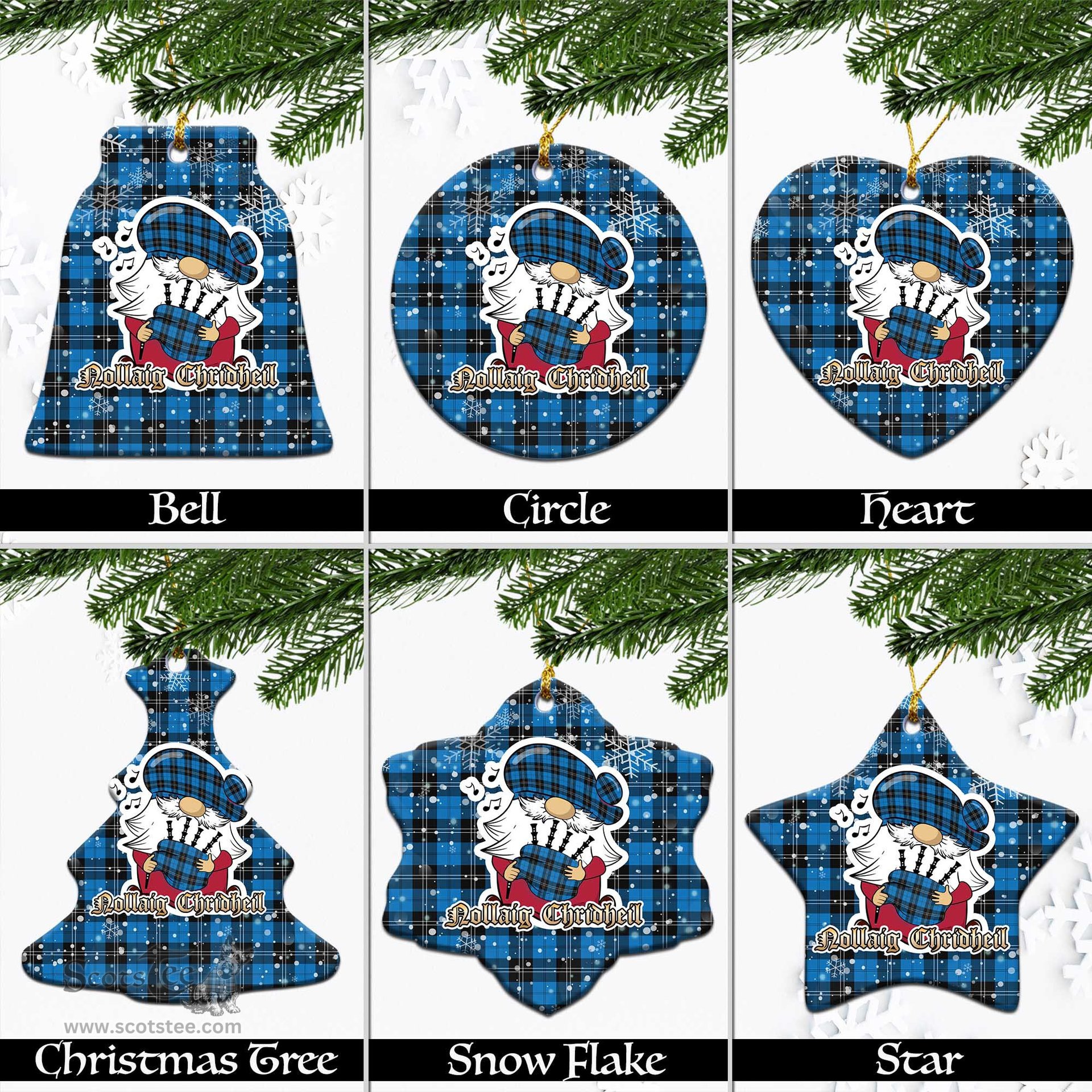 Scottish Ramsay Blue Ancient Tartan Christmas Ornaments with Scottish Gnome Playing Bagpipes Scottish Plaid Tartan Plaid - ScotsTee - scotstee.com