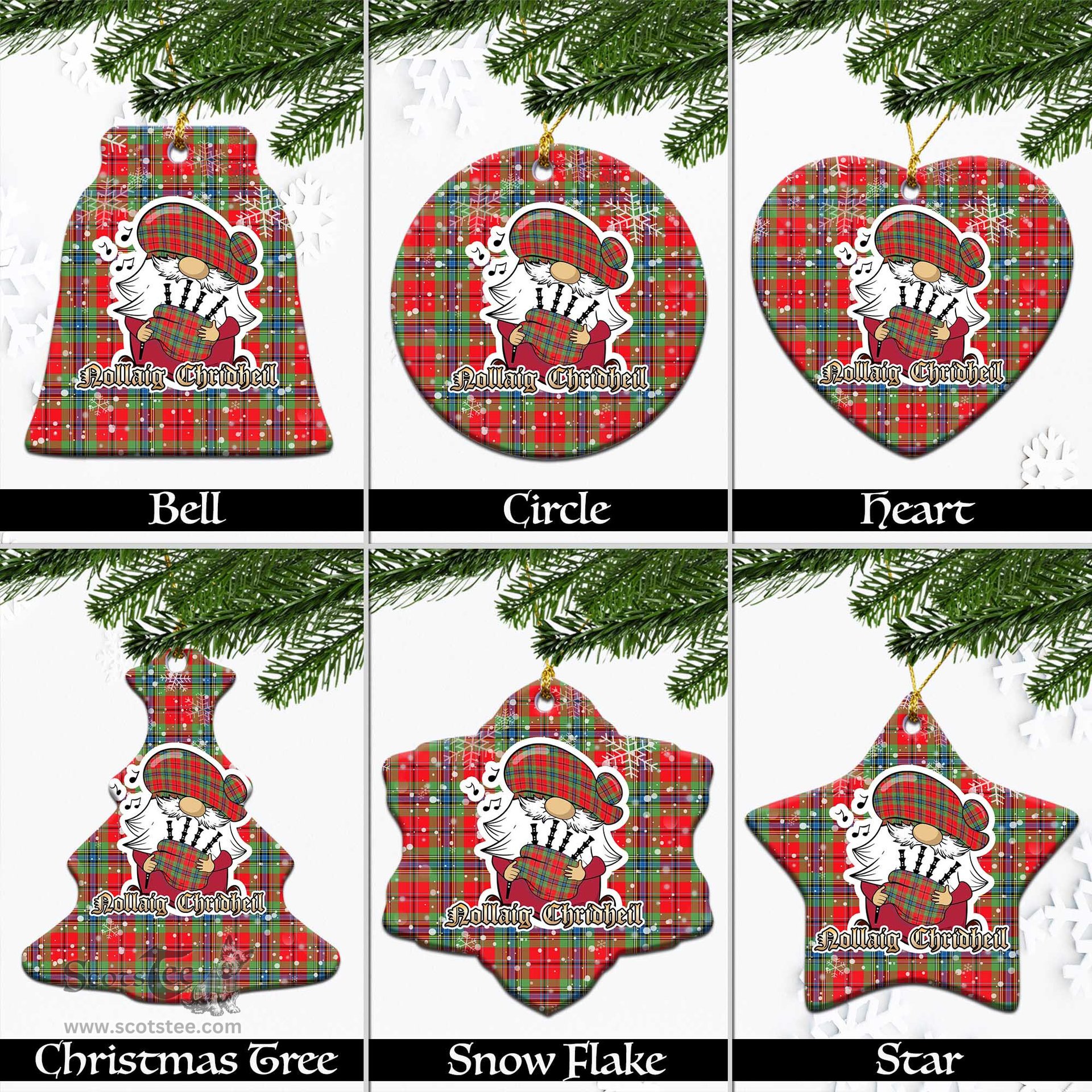 Scottish MacLean of Duart Modern Tartan Christmas Ornaments with Scottish Gnome Playing Bagpipes Scottish Plaid Tartan Plaid - ScotsTee - scotstee.com