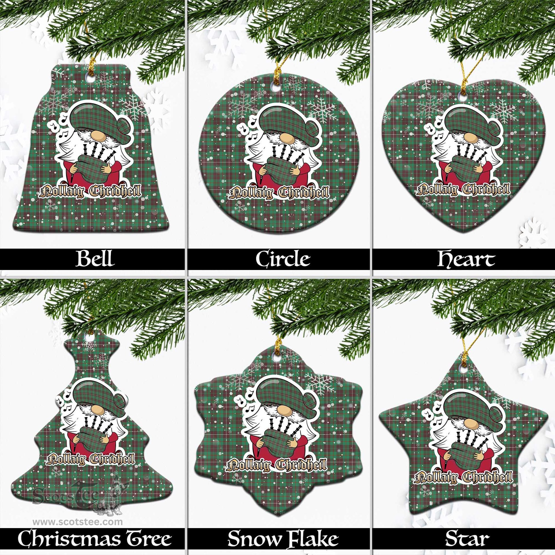 Scottish MacKinnon Hunting Ancient Tartan Christmas Ornaments with Scottish Gnome Playing Bagpipes Scottish Plaid Tartan Plaid - ScotsTee - scotstee.com