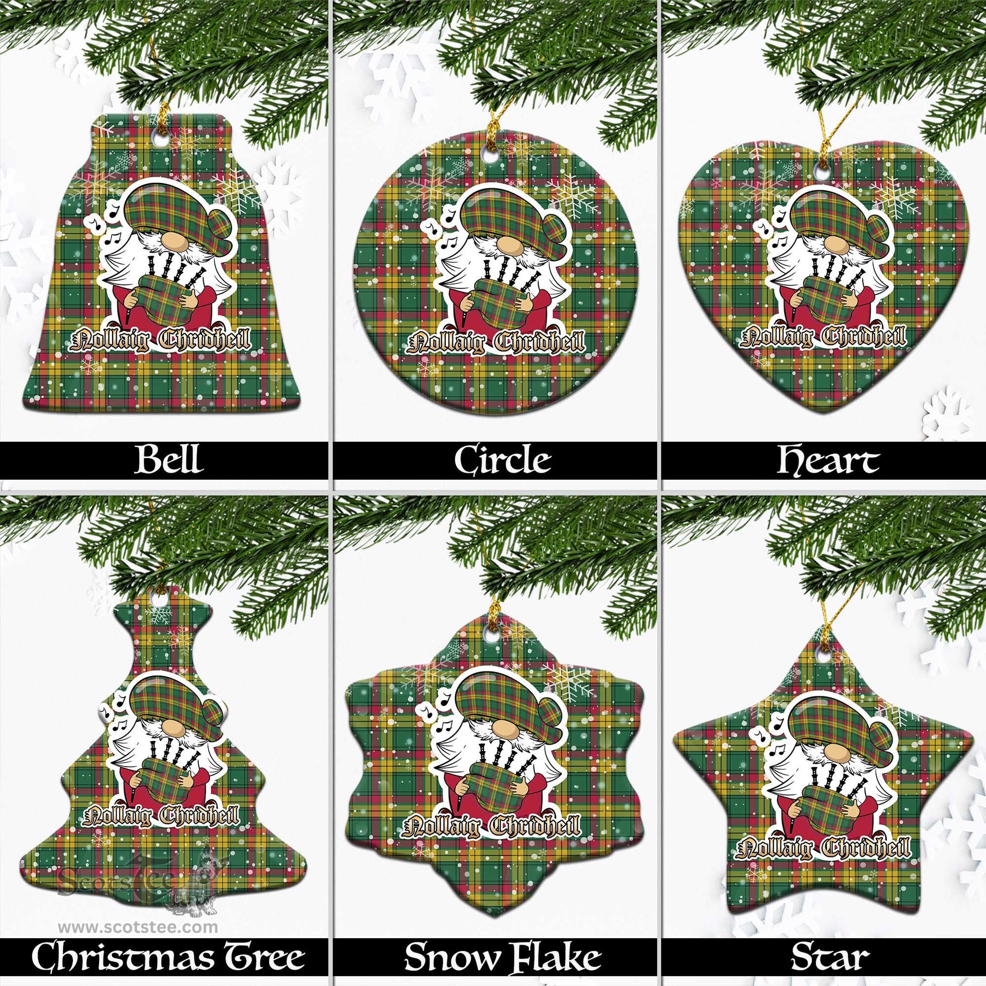 Scottish MacMillan Old Ancient Tartan Christmas Ornaments with Scottish Gnome Playing Bagpipes Scottish Plaid Tartan Plaid - ScotsTee - scotstee.com