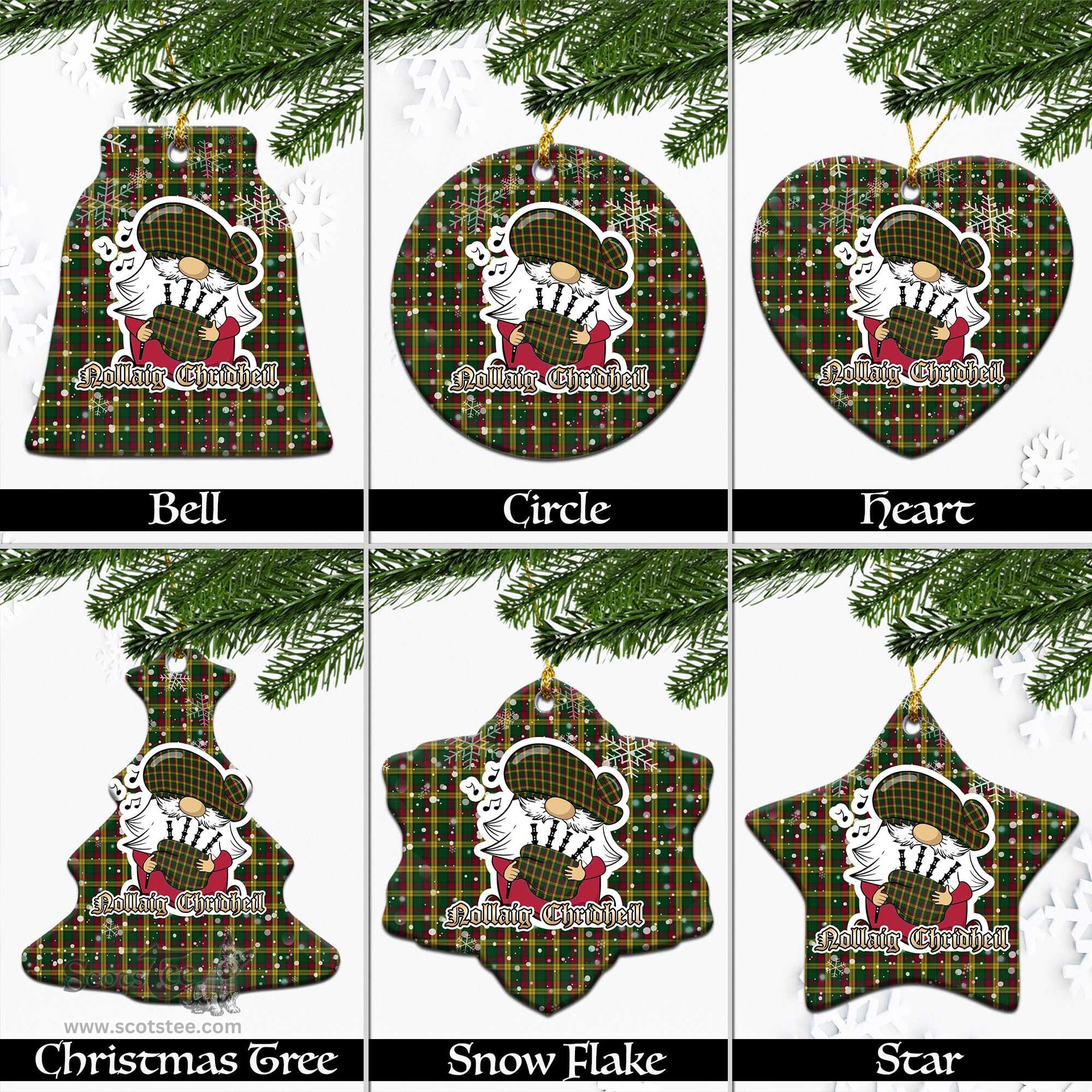 Scottish MacMillan Ancient Tartan Christmas Ornaments with Scottish Gnome Playing Bagpipes Scottish Plaid Tartan Plaid - ScotsTee - scotstee.com