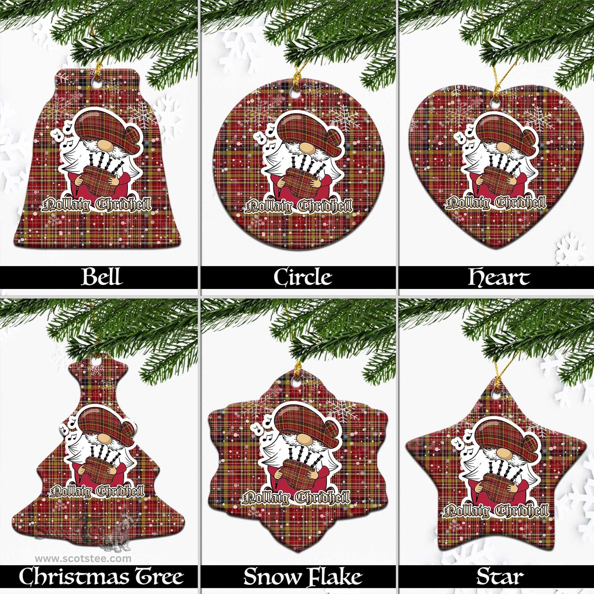 Scottish Ogilvie (Ogilvy) of Strathallan Tartan Christmas Ornaments with Scottish Gnome Playing Bagpipes Scottish Plaid Tartan Plaid - ScotsTee - scotstee.com