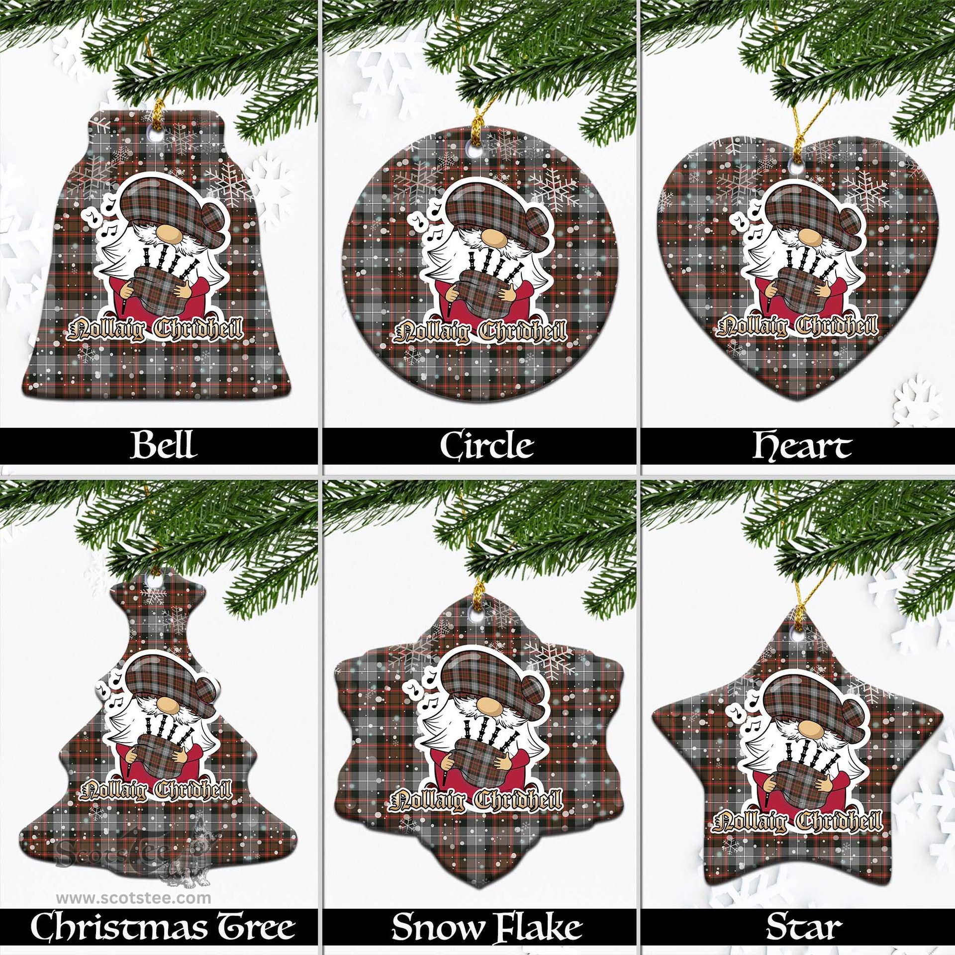 Scottish MacRae Hunting Weathered Tartan Christmas Ornaments with Scottish Gnome Playing Bagpipes Scottish Plaid Tartan Plaid - ScotsTee - scotstee.com