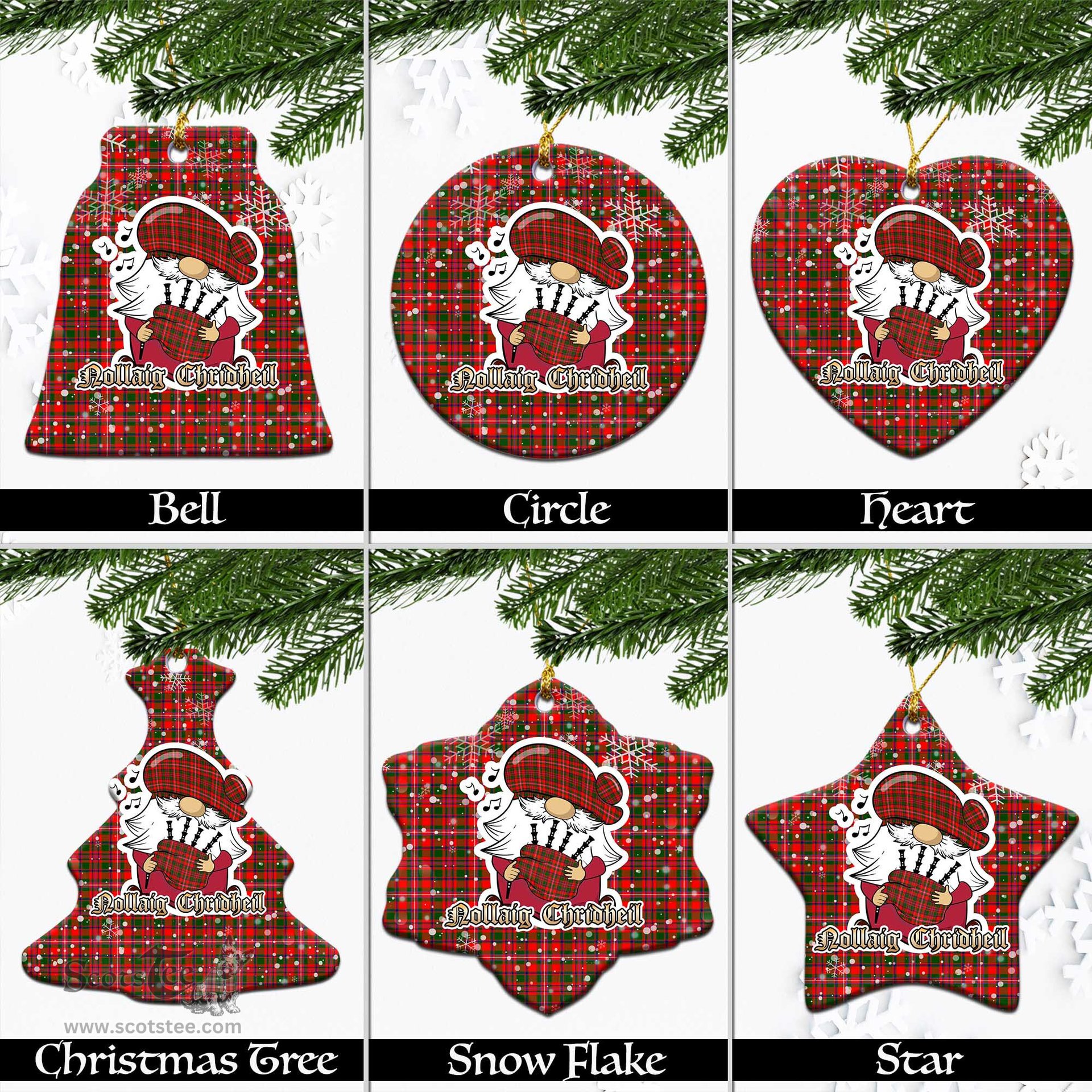 Scottish MacKinnon Modern Tartan Christmas Ornaments with Scottish Gnome Playing Bagpipes Scottish Plaid Tartan Plaid - ScotsTee - scotstee.com