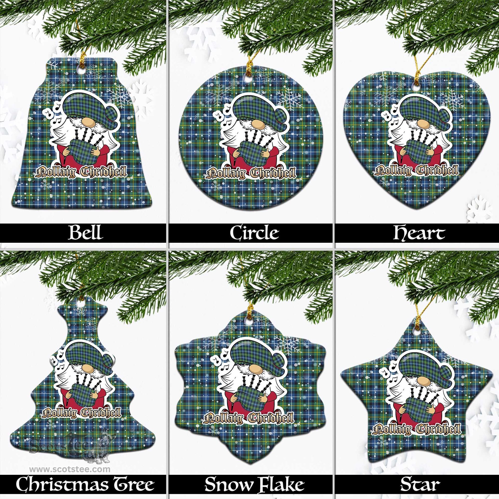 Scottish MacNeil of Barra Ancient Tartan Christmas Ornaments with Scottish Gnome Playing Bagpipes Scottish Plaid Tartan Plaid - ScotsTee - scotstee.com