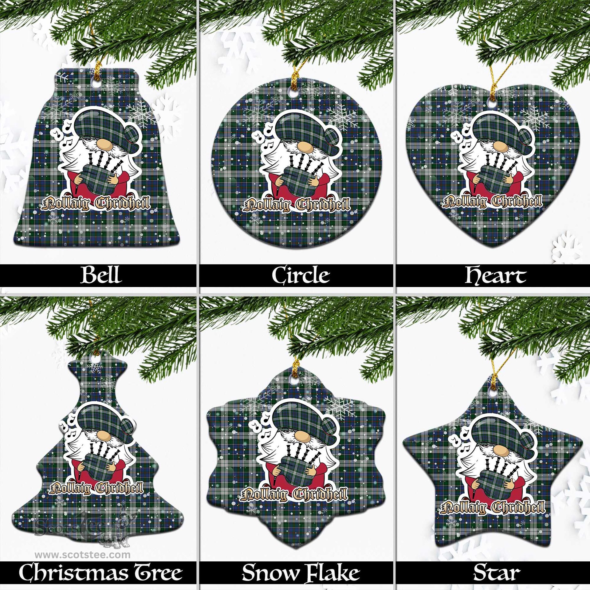 Scottish MacInnes Dress Tartan Christmas Ornaments with Scottish Gnome Playing Bagpipes Scottish Plaid Tartan Plaid - ScotsTee - scotstee.com