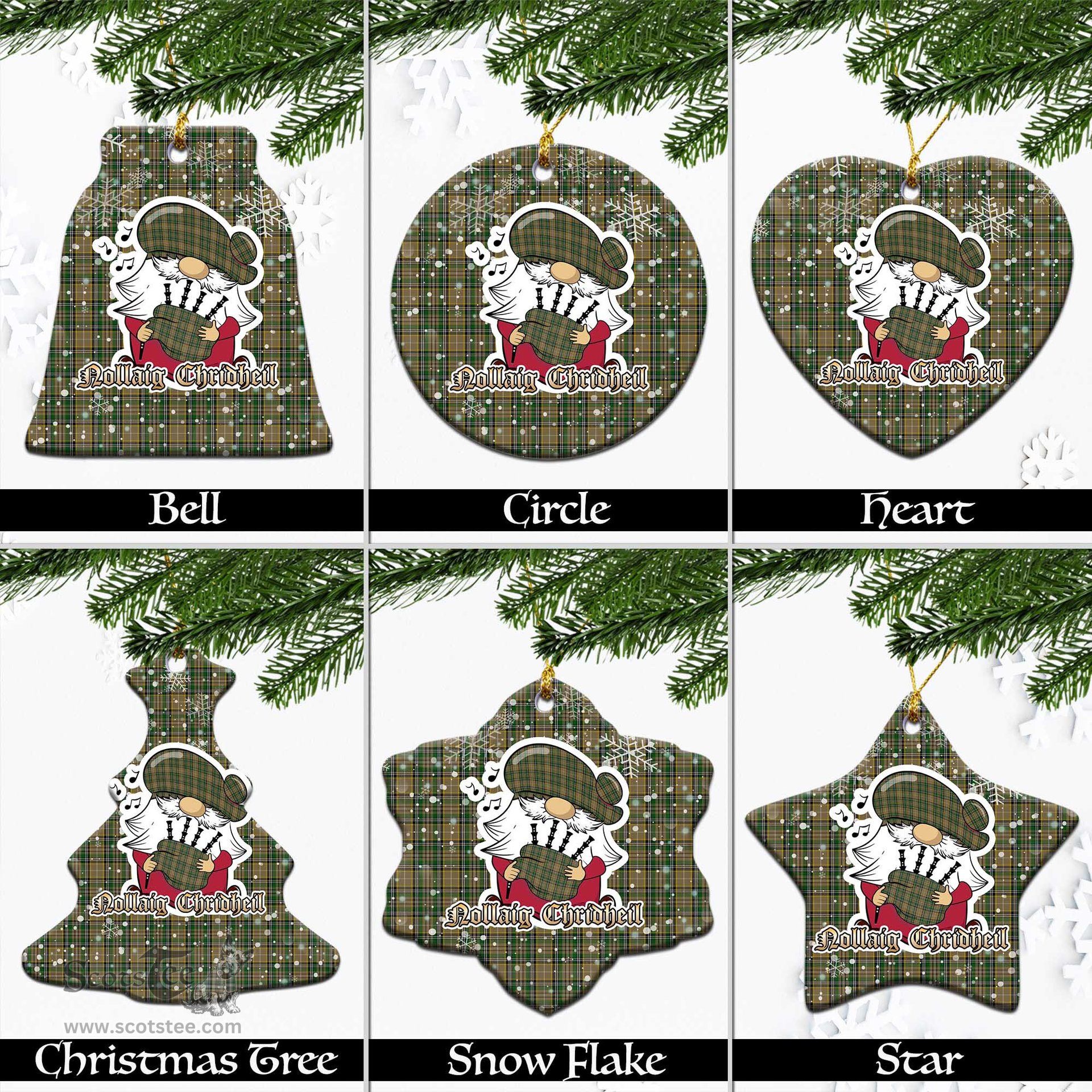 Scottish O'Farrell Tartan Christmas Ornaments with Scottish Gnome Playing Bagpipes Scottish Plaid Tartan Plaid - ScotsTee - scotstee.com