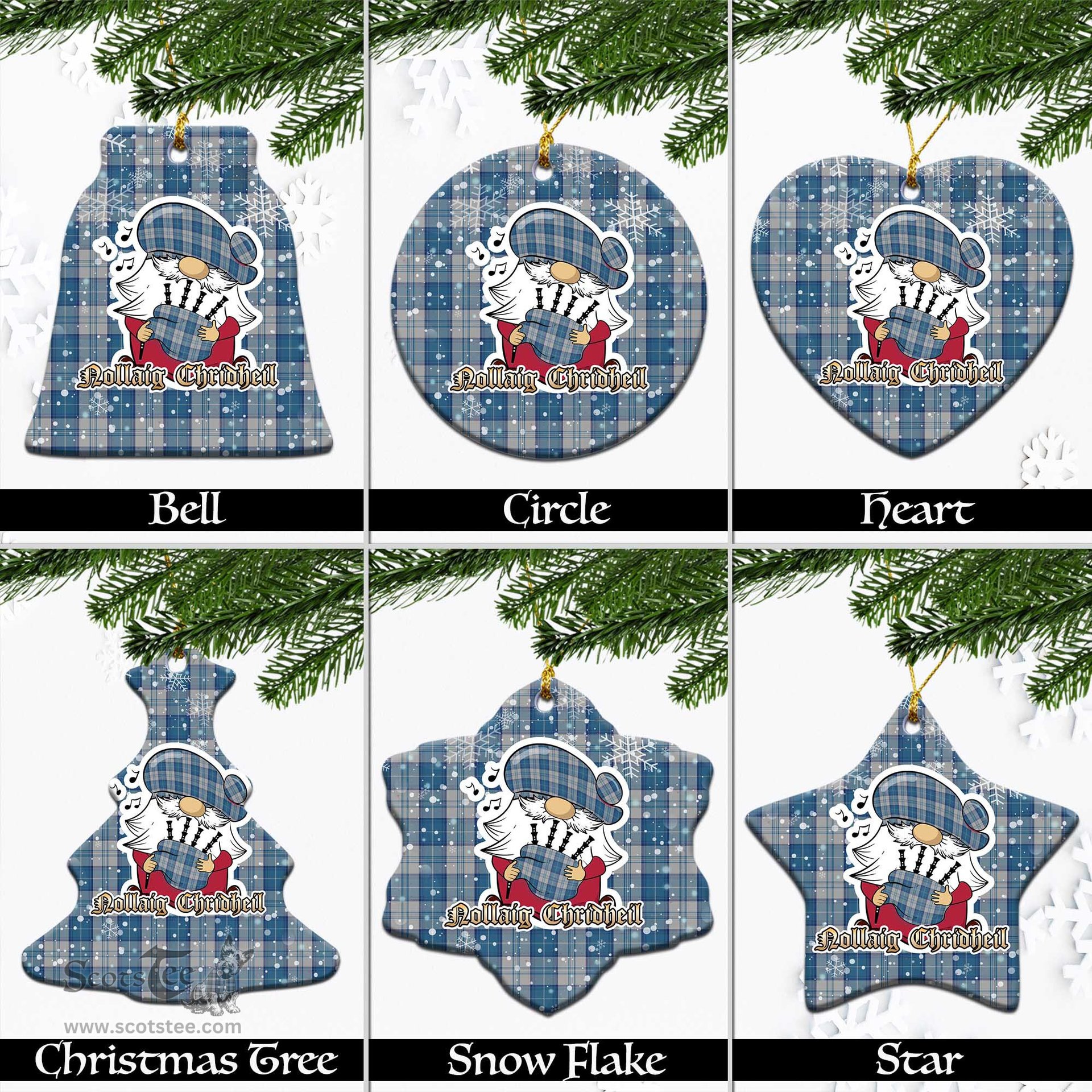 Scottish Menzies Dress Blue and White Tartan Christmas Ornaments with Scottish Gnome Playing Bagpipes Scottish Plaid Tartan Plaid - ScotsTee - scotstee.com