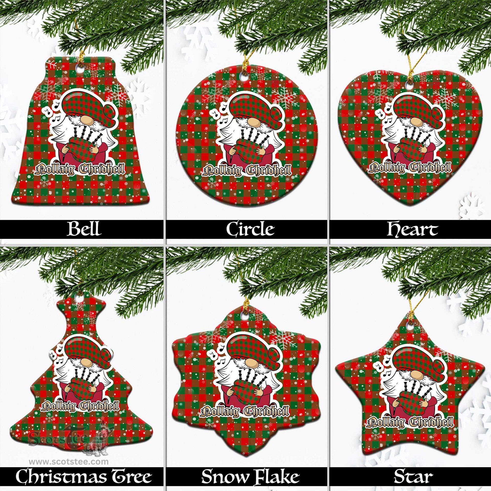 Scottish Moncrieff Modern Tartan Christmas Ornaments with Scottish Gnome Playing Bagpipes Scottish Plaid Tartan Plaid - ScotsTee - scotstee.com