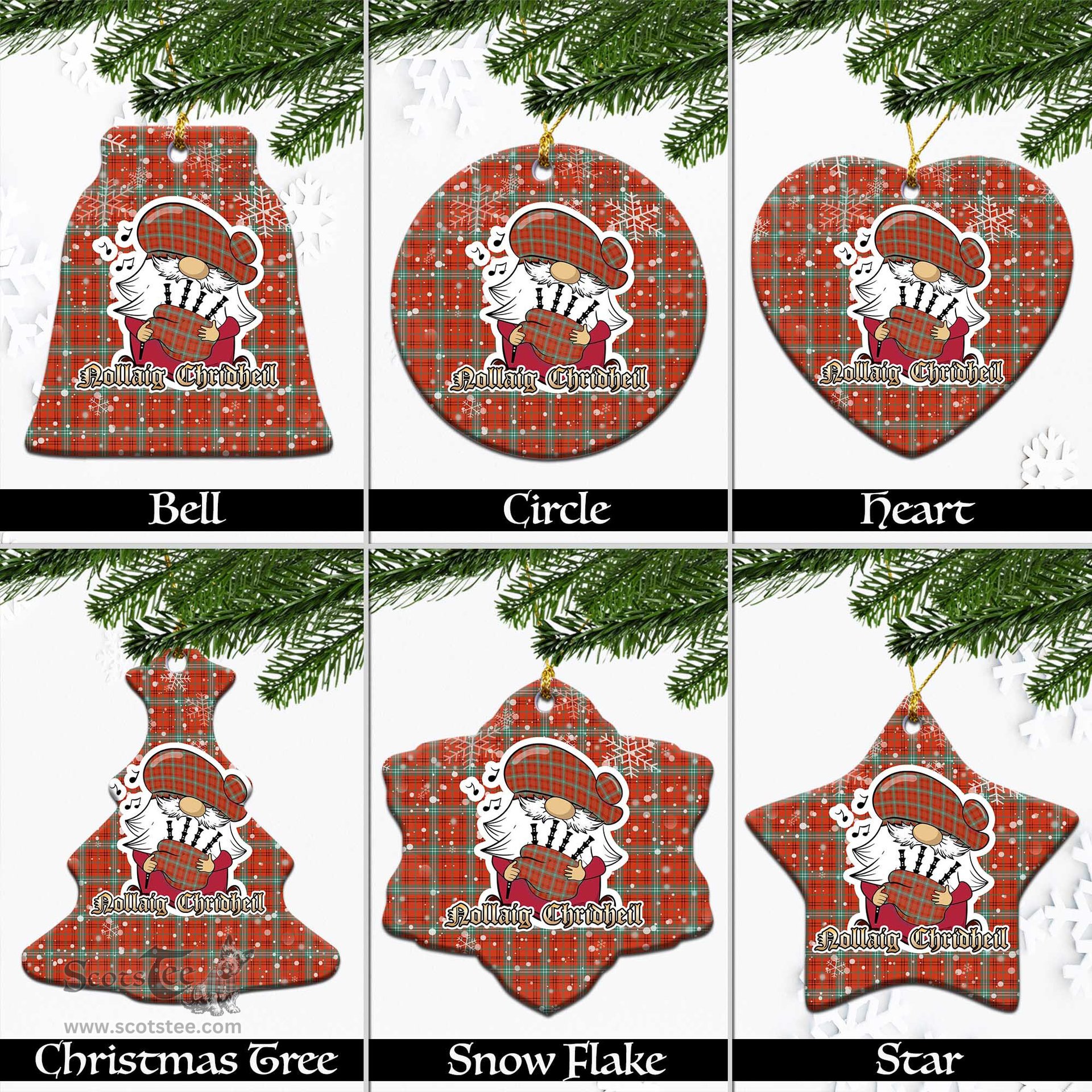 Scottish Morrison Red Ancient Tartan Christmas Ornaments with Scottish Gnome Playing Bagpipes Scottish Plaid Tartan Plaid - ScotsTee - scotstee.com