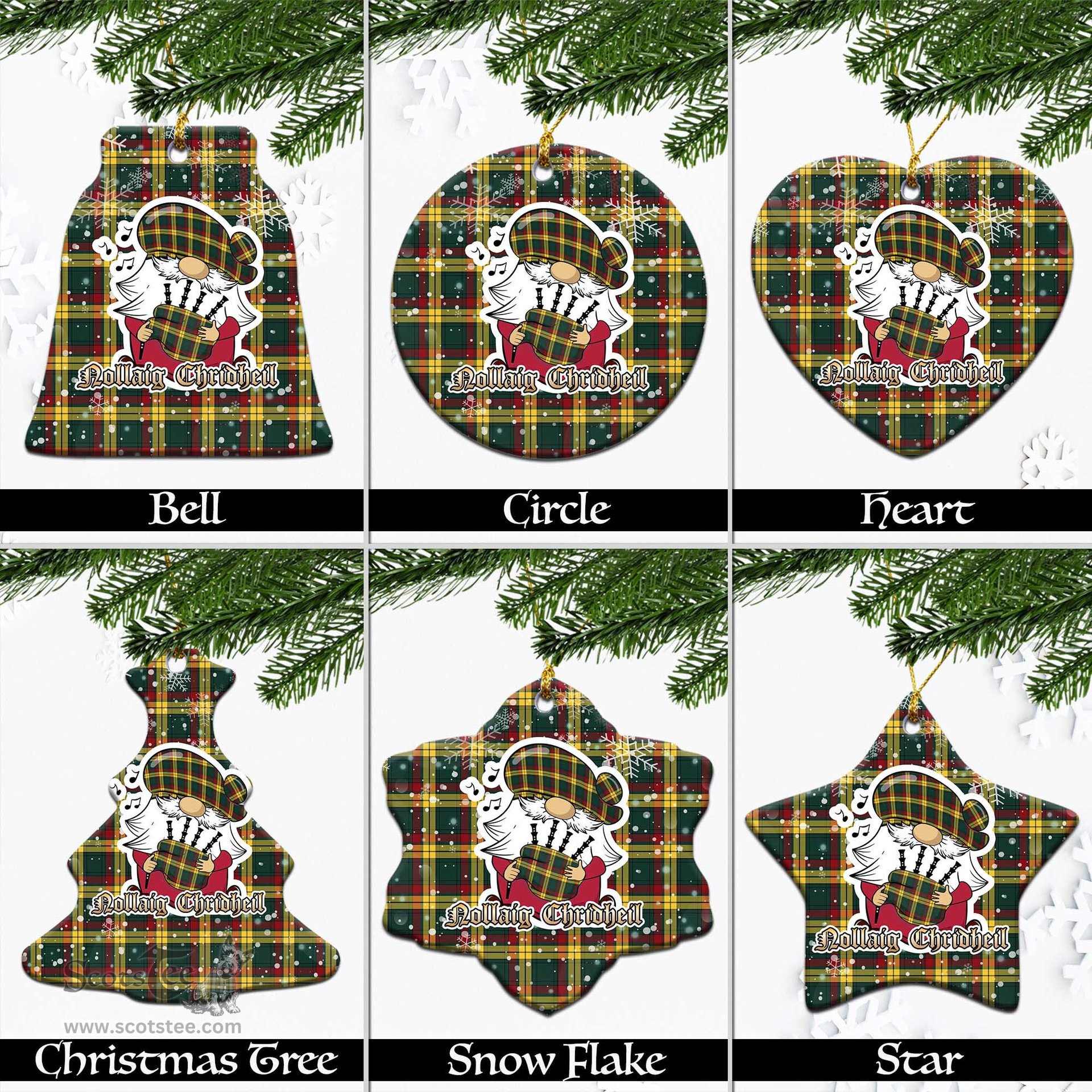 Scottish MacMillan Old Modern Tartan Christmas Ornaments with Scottish Gnome Playing Bagpipes Scottish Plaid Tartan Plaid - ScotsTee - scotstee.com