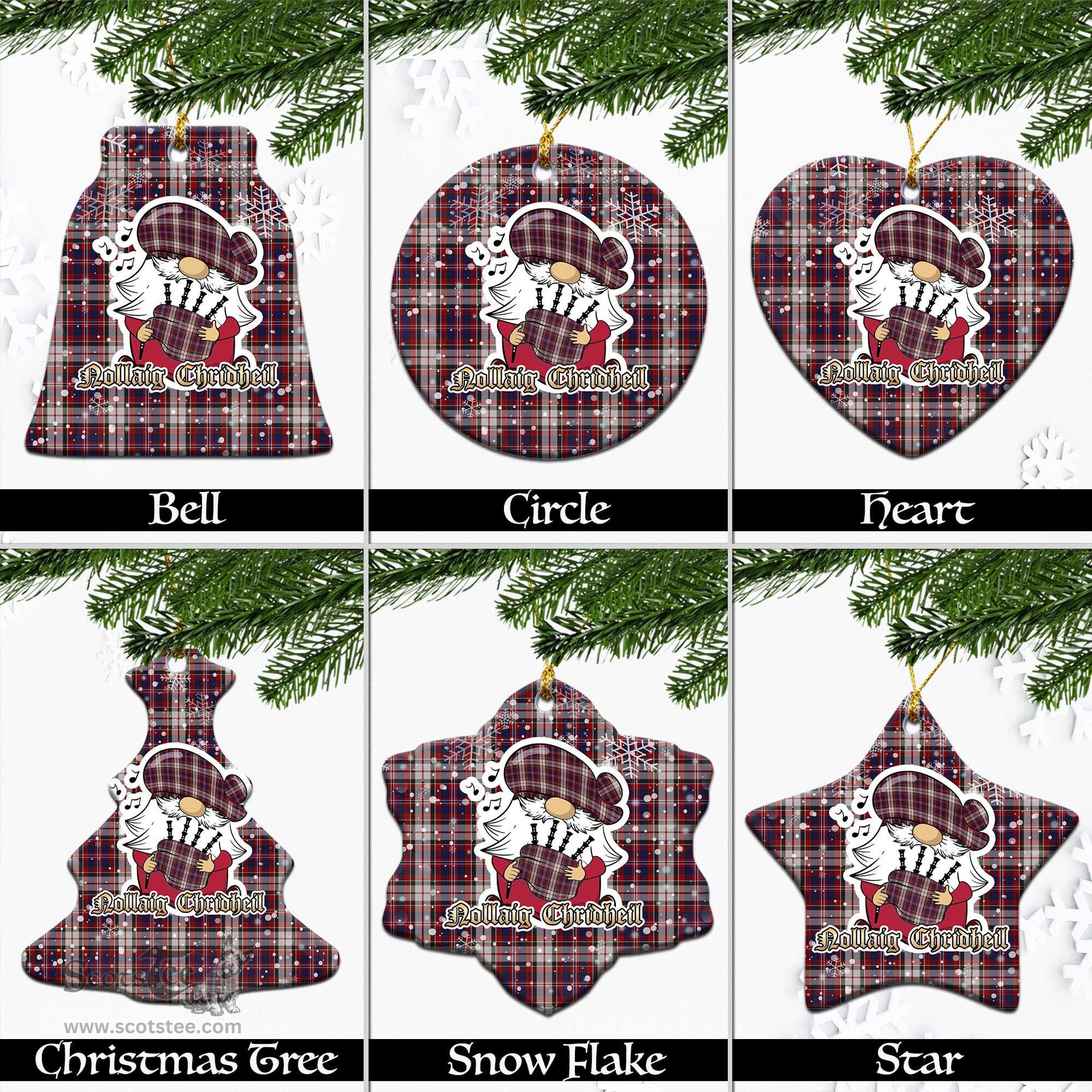 Scottish MacFarlane Dress Tartan Christmas Ornaments with Scottish Gnome Playing Bagpipes Scottish Plaid Tartan Plaid - ScotsTee - scotstee.com