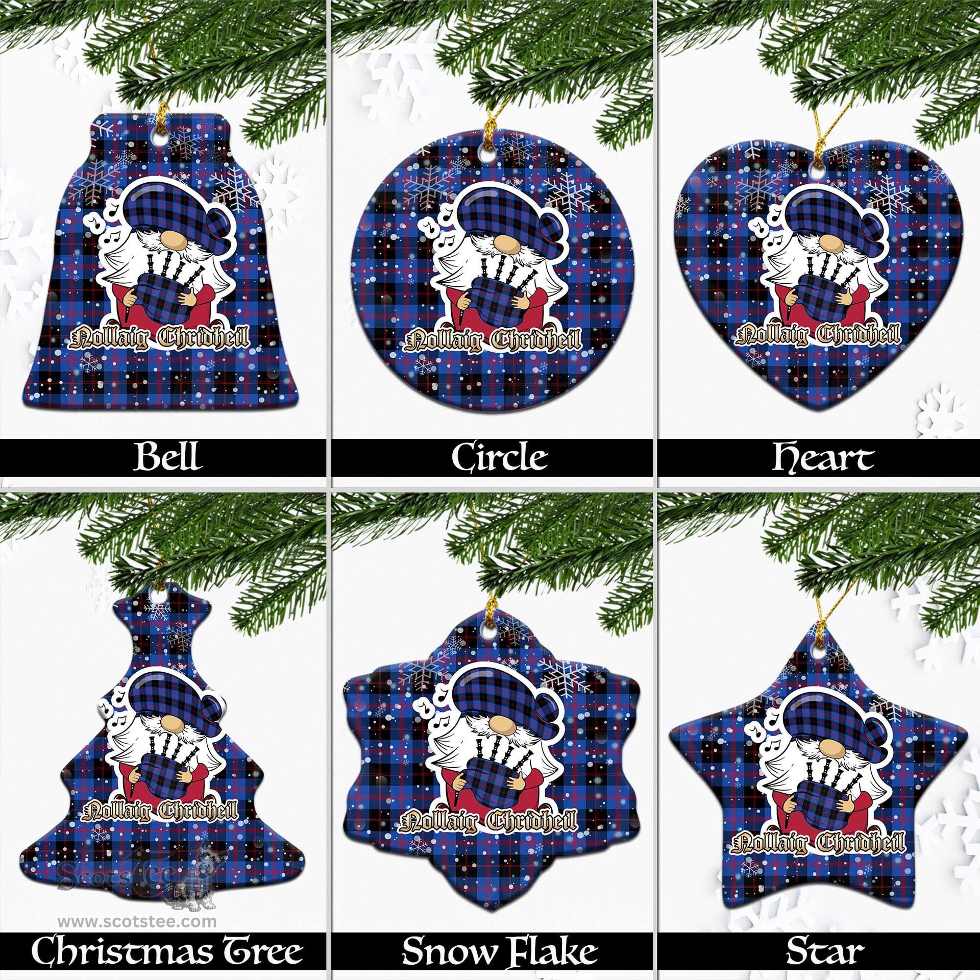 Scottish Maule Tartan Christmas Ornaments with Scottish Gnome Playing Bagpipes Scottish Plaid Tartan Plaid - ScotsTee - scotstee.com