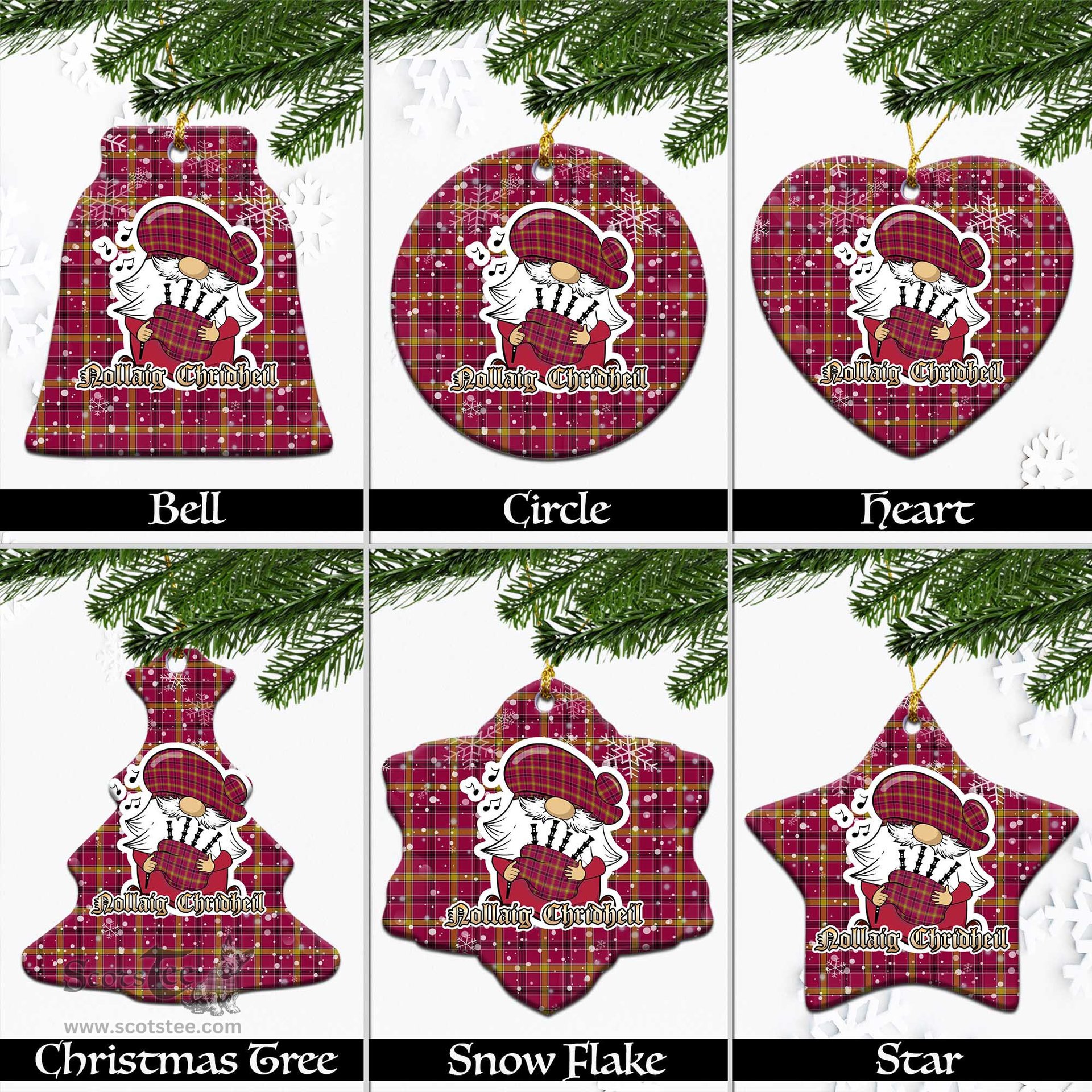 Scottish O'Meehan Tartan Christmas Ornaments with Scottish Gnome Playing Bagpipes Scottish Plaid Tartan Plaid - ScotsTee - scotstee.com