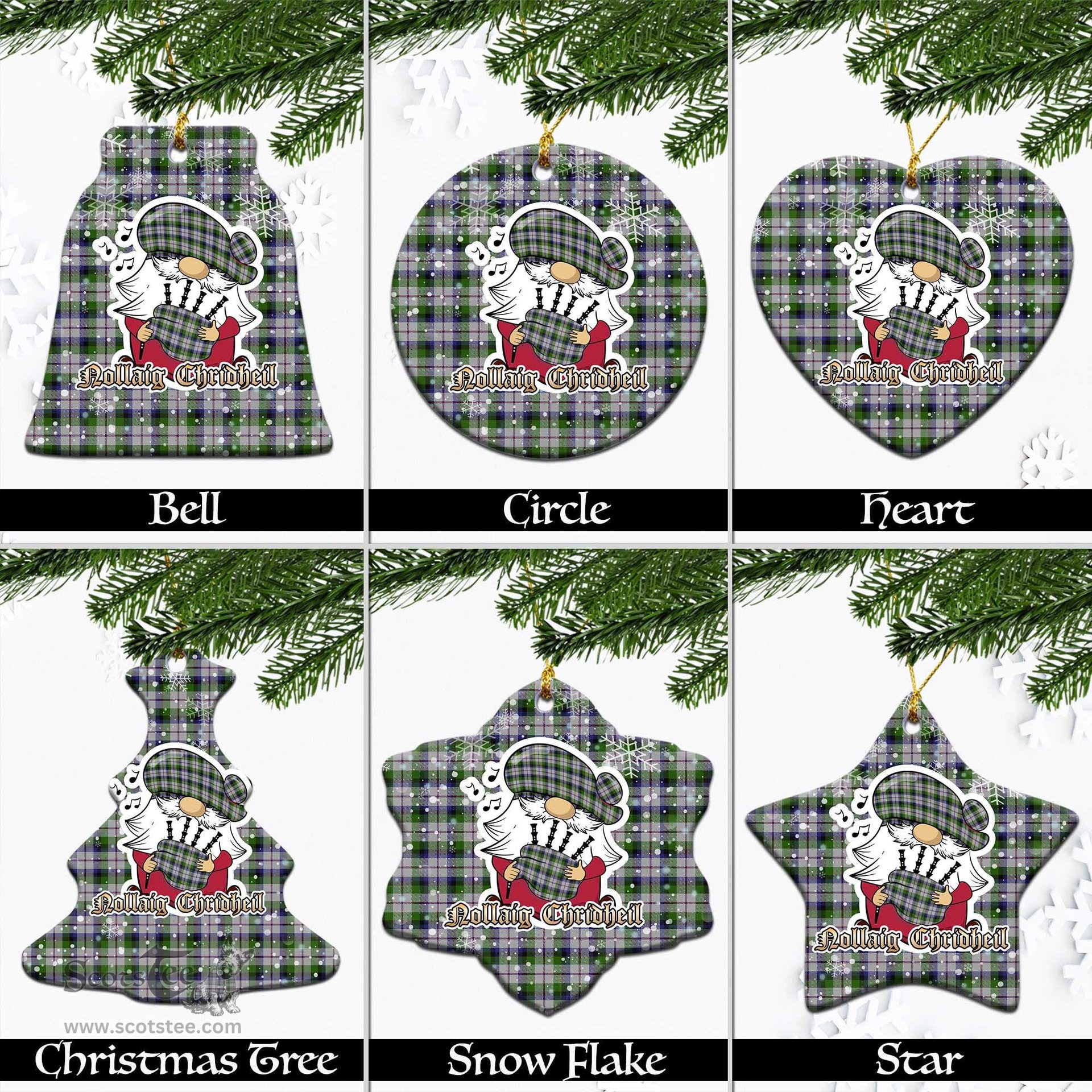 Scottish MacNaughton Dress Tartan Christmas Ornaments with Scottish Gnome Playing Bagpipes Scottish Plaid Tartan Plaid - ScotsTee - scotstee.com