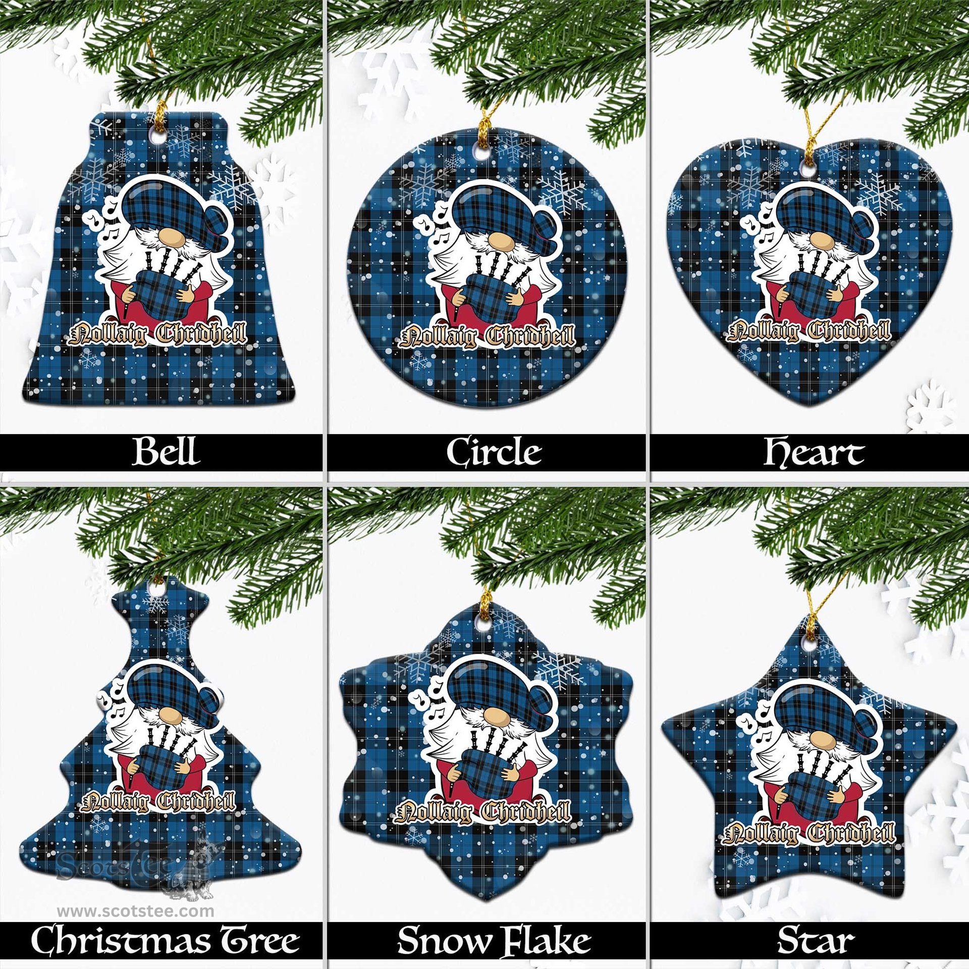 Scottish Ramsay Blue Hunting Tartan Christmas Ornaments with Scottish Gnome Playing Bagpipes Scottish Plaid Tartan Plaid - ScotsTee - scotstee.com