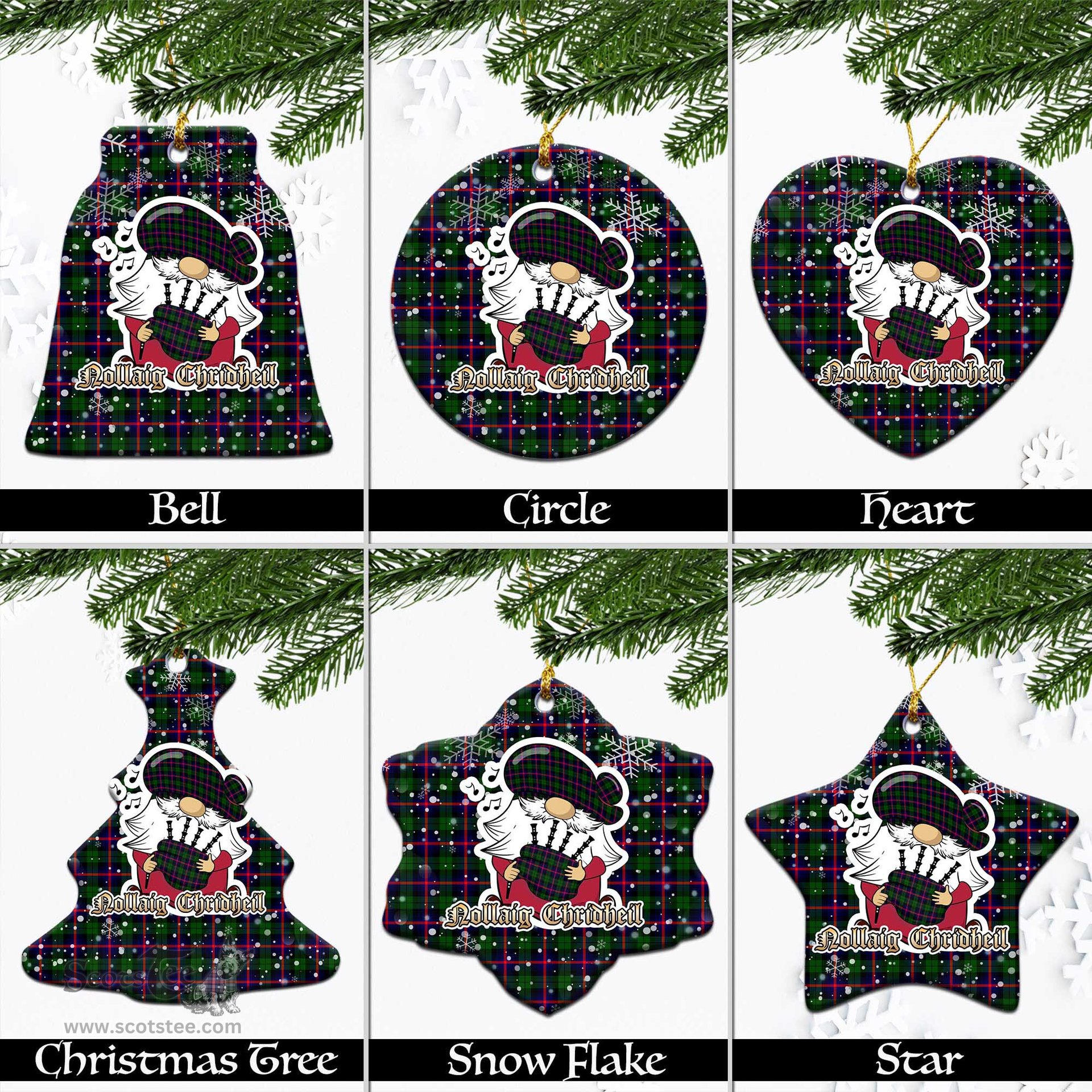 Scottish Urquhart Modern Tartan Christmas Ornaments with Scottish Gnome Playing Bagpipes Scottish Plaid Tartan Plaid - ScotsTee - scotstee.com