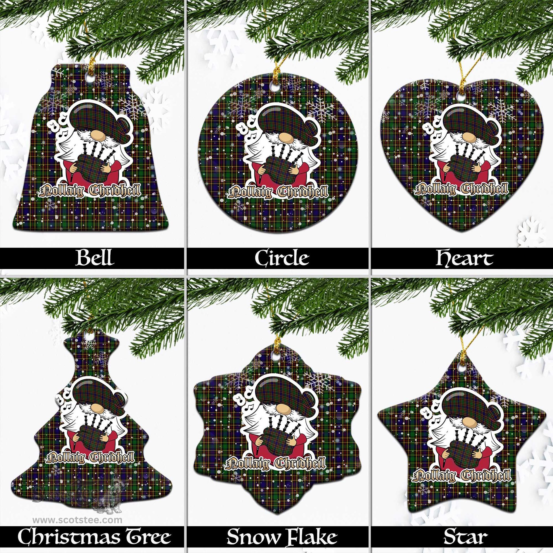 Scottish Vosko Tartan Christmas Ornaments with Scottish Gnome Playing Bagpipes Scottish Plaid Tartan Plaid - ScotsTee - scotstee.com