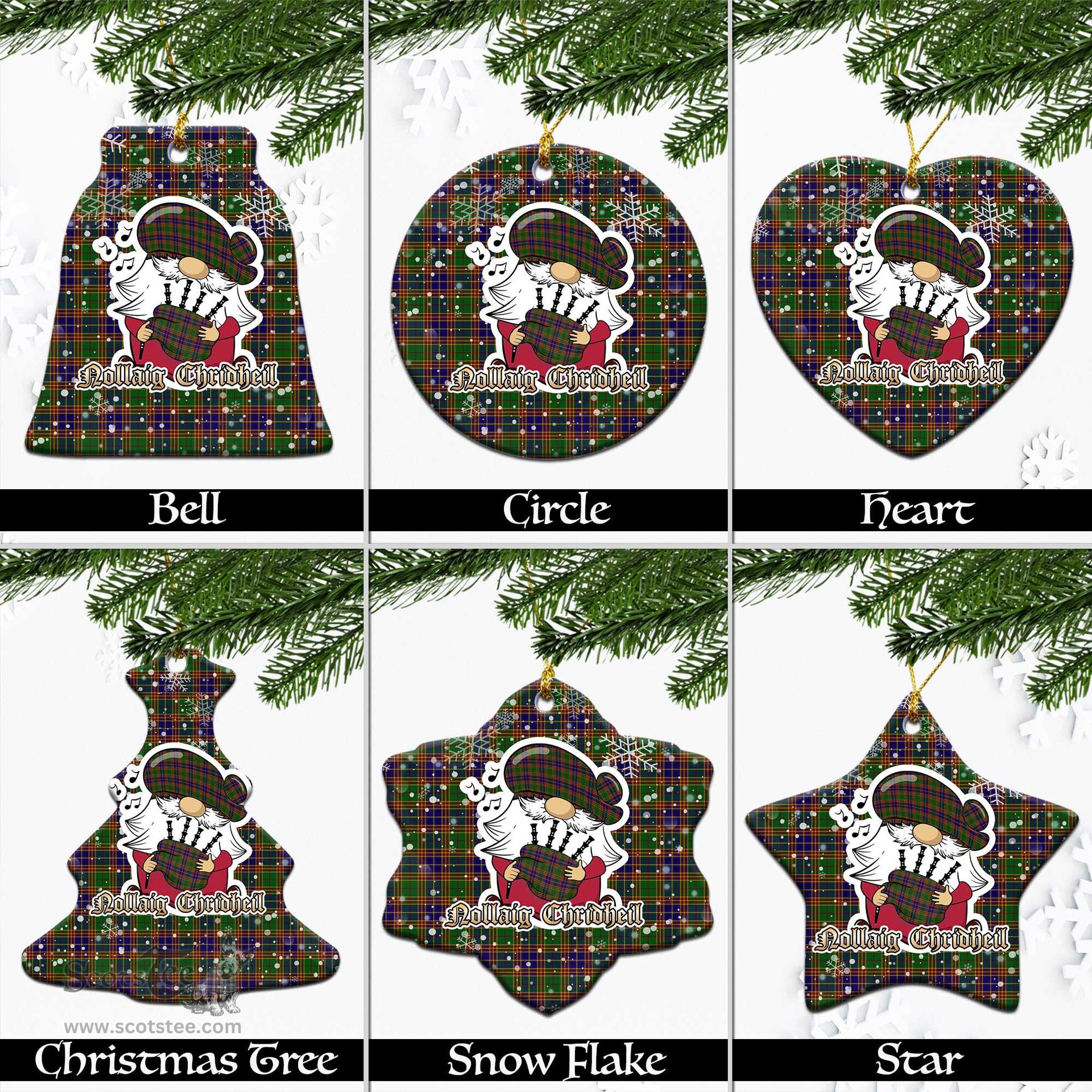 Scottish Stevenson Tartan Christmas Ornaments with Scottish Gnome Playing Bagpipes Scottish Plaid Tartan Plaid - ScotsTee - scotstee.com